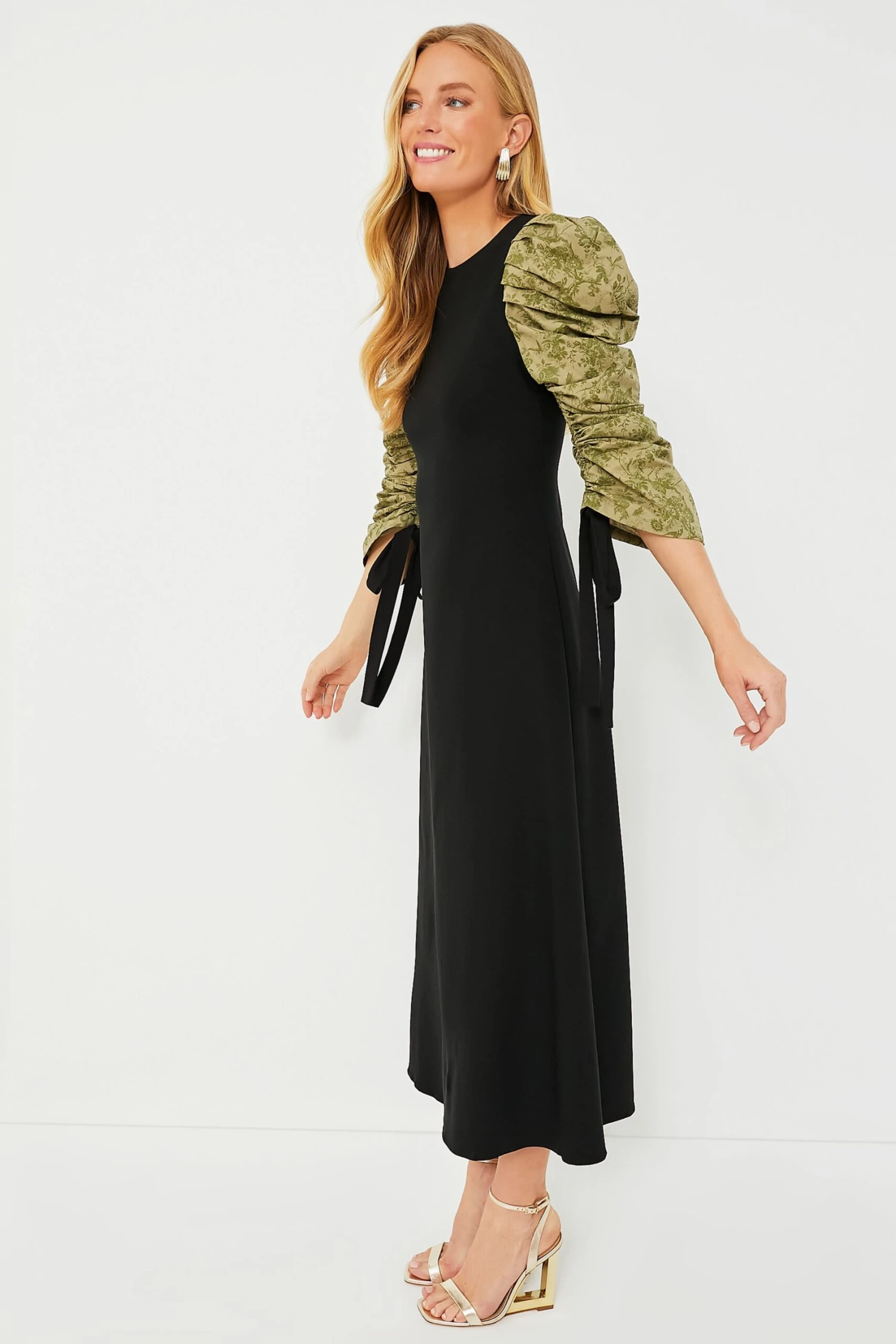 Black Juliet Maxi Dress With Green Printed Sleeves - Image 3