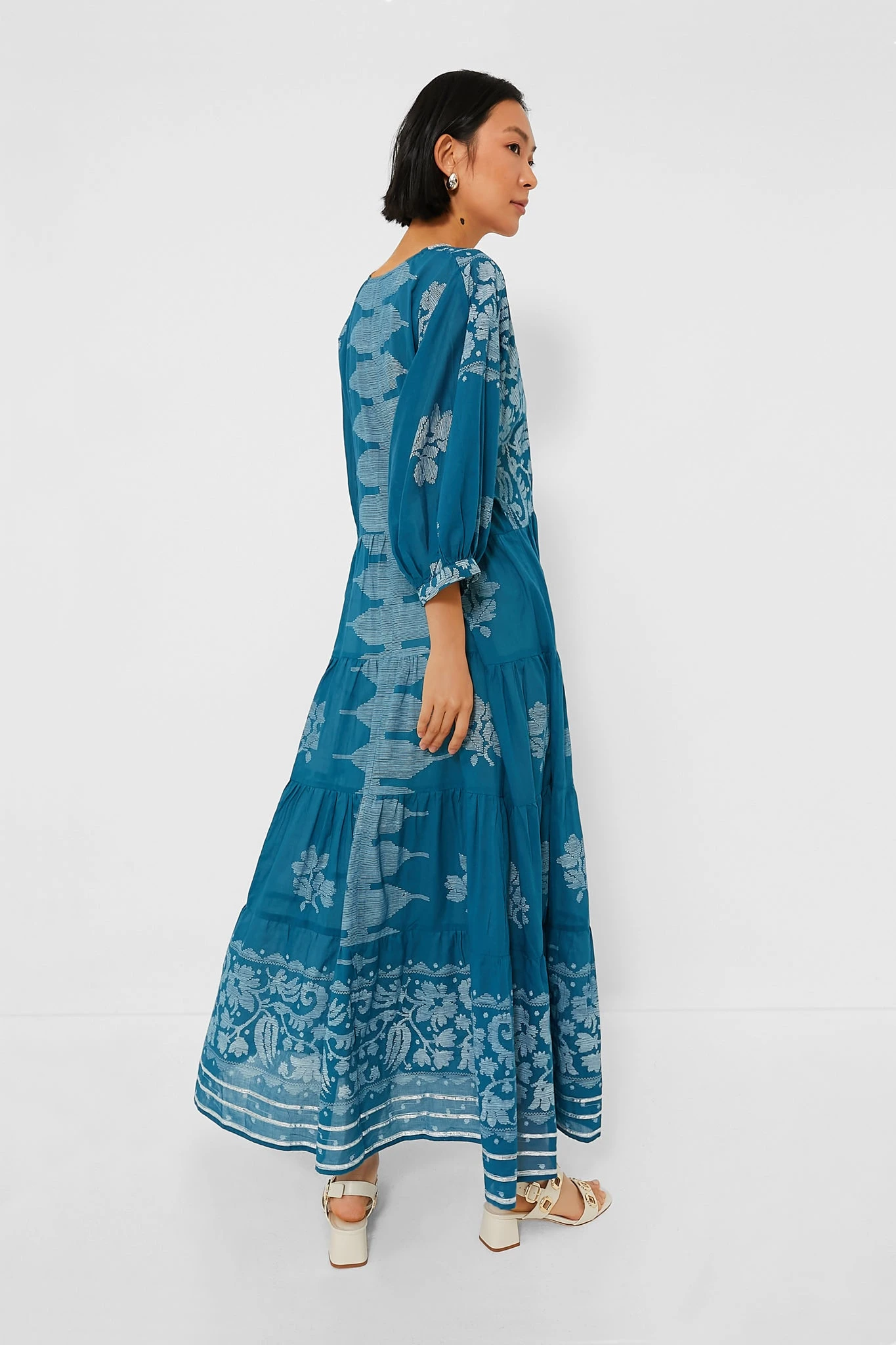 Petrol And White V-Neck Loose Maxi Dress With Dhaka Print - Image 4