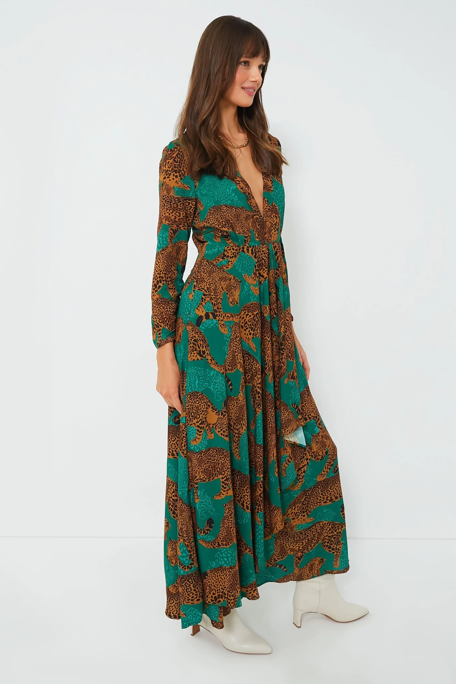 Farm Rio Artsy Leopards Green Long Sleeve V Neckline Maxi Dress - Image 3