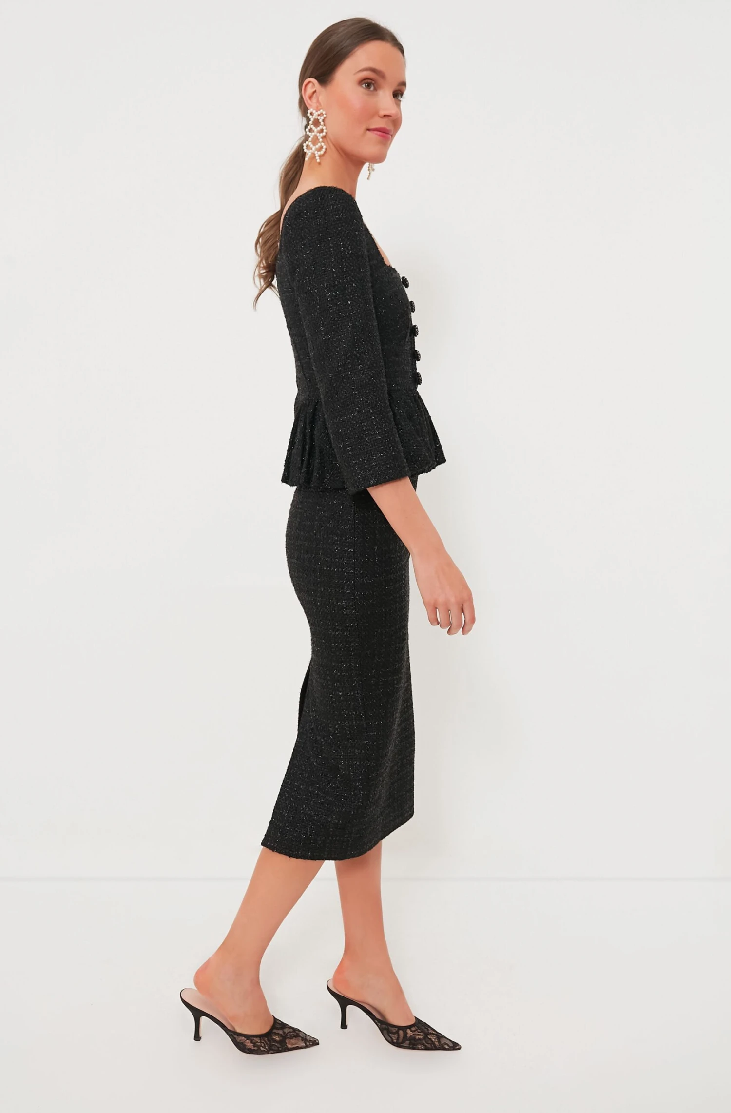 SELF PORTRAIT Black Boucle Peplum Midi Dress - Image 3