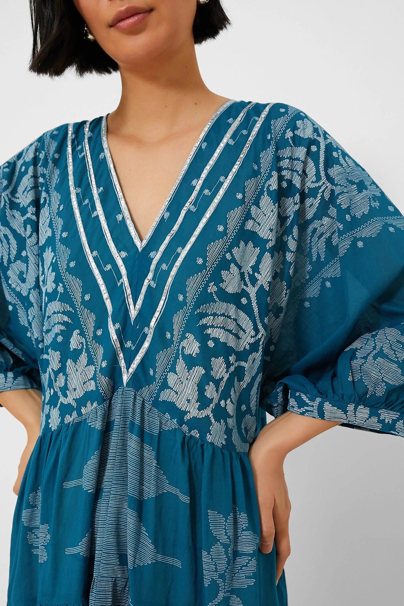 Petrol And White V-Neck Loose Maxi Dress With Dhaka Print - Image 5