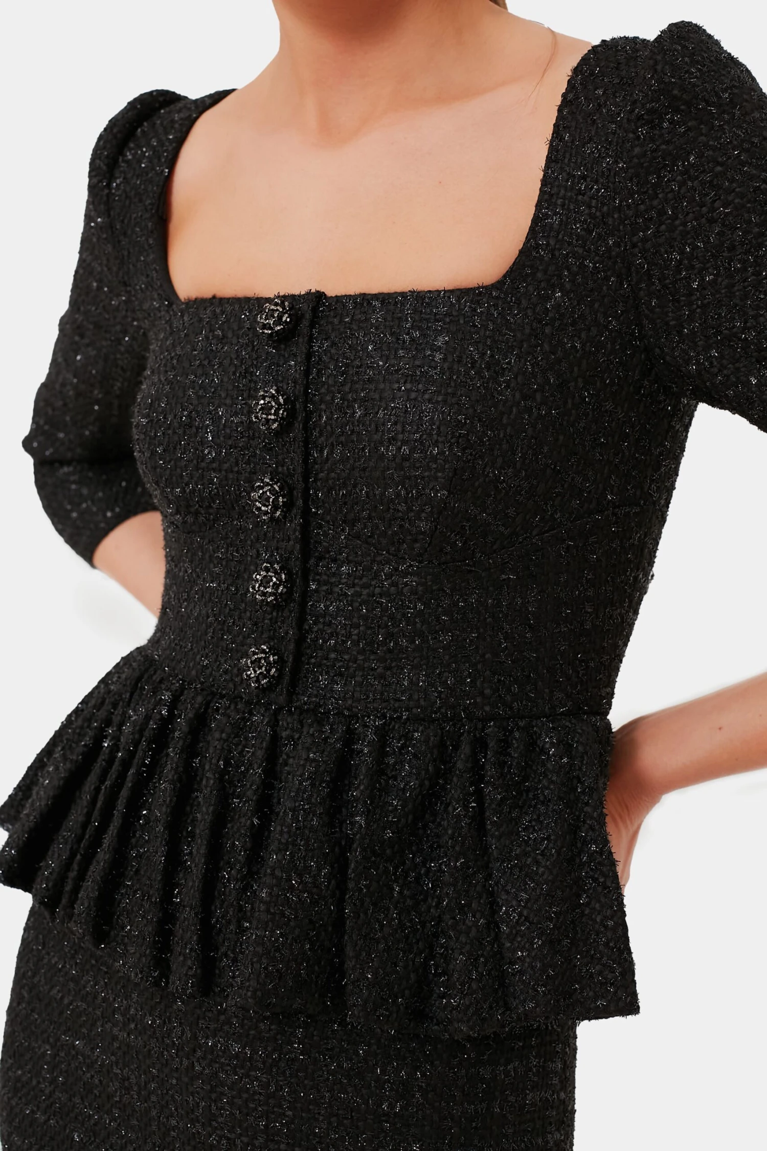 SELF PORTRAIT Black Boucle Peplum Midi Dress - Image 5