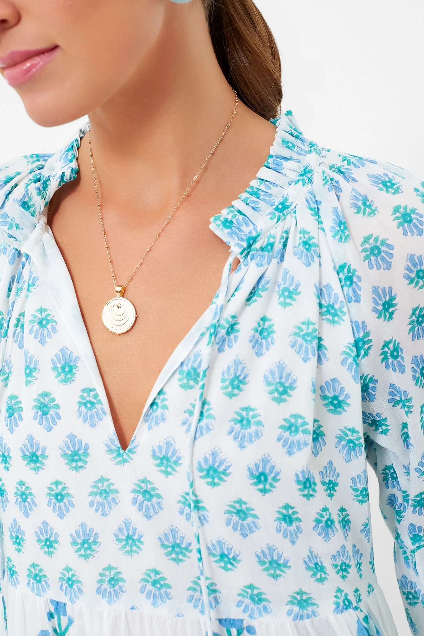 Exclusive Blue Floral Balloon Sleeve Short Mini Dress - Image 5