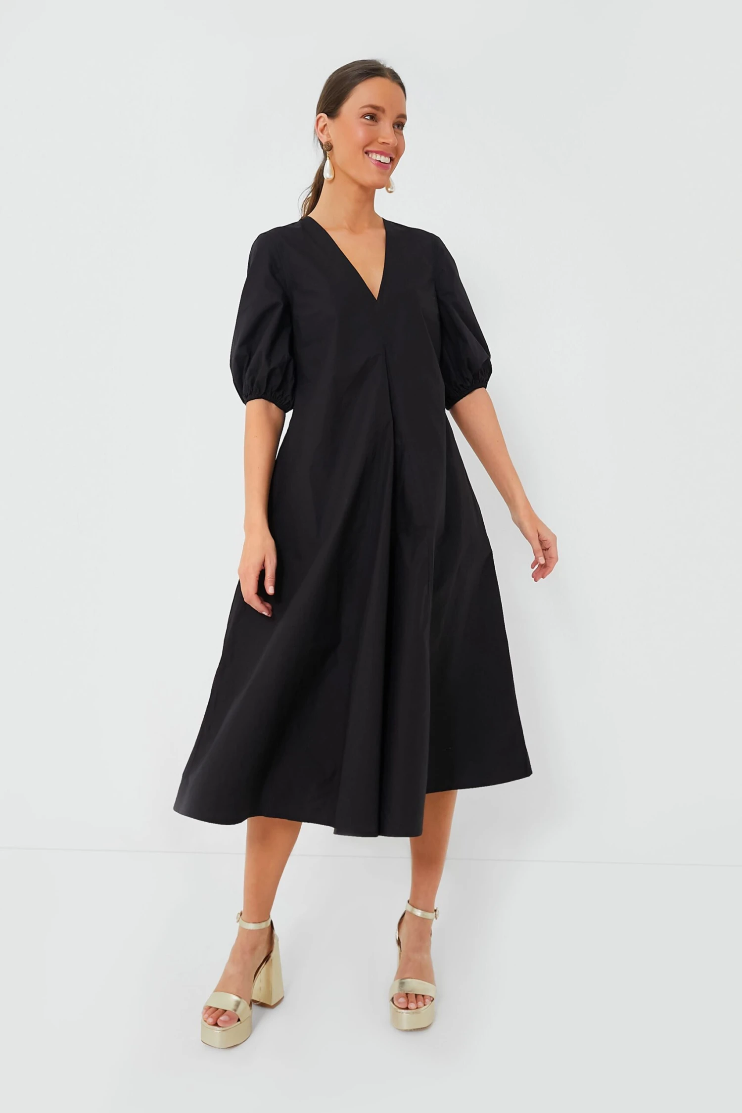Ganni Black Cotton Poplin V-Neck Long Dress
