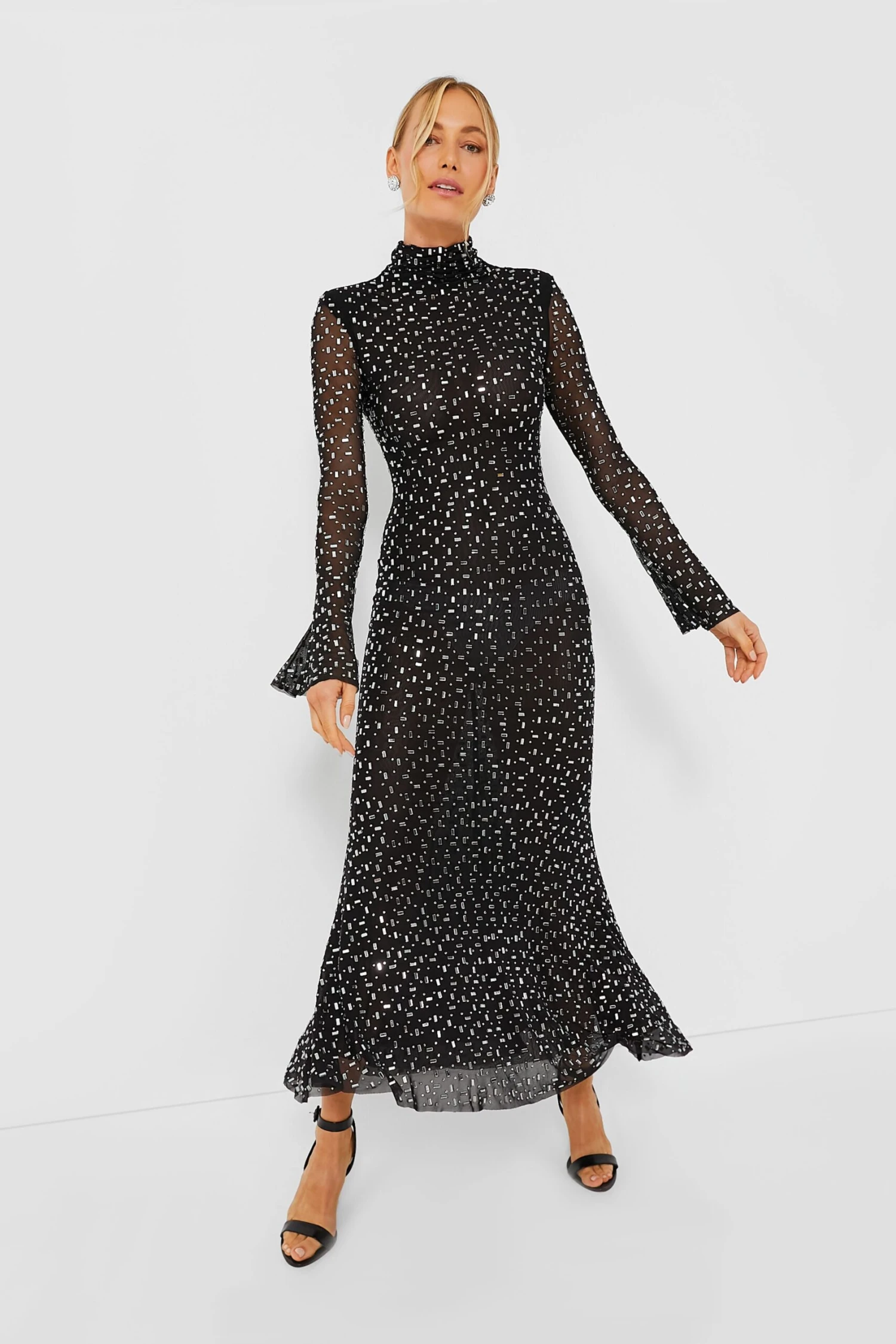 SELF PORTRAIT Black Square Rhinestone Mesh Midi Dress