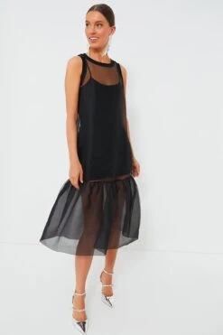 CYNTHIA ROWLEY Black Midi Organza Ribbed Dress