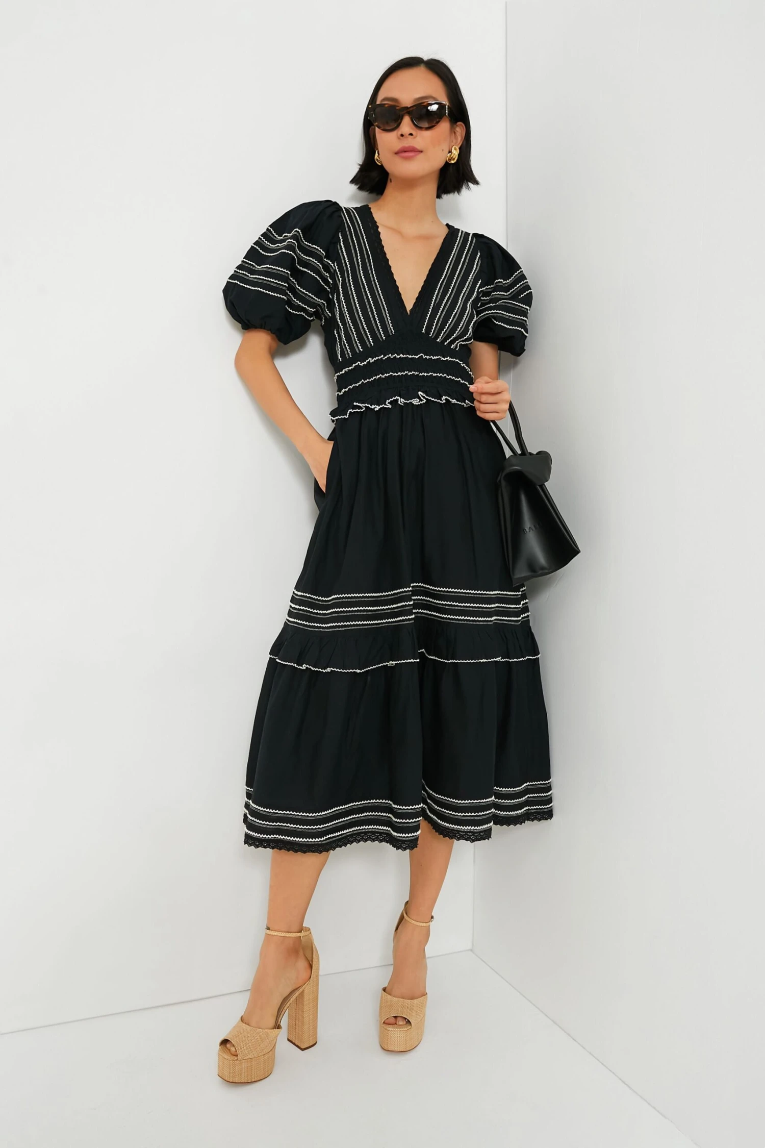 Black Mable Cambric Puff Sleeve Midi Dress - Image 2