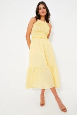 Yellow Cole Smocked Ramie Midi Dress