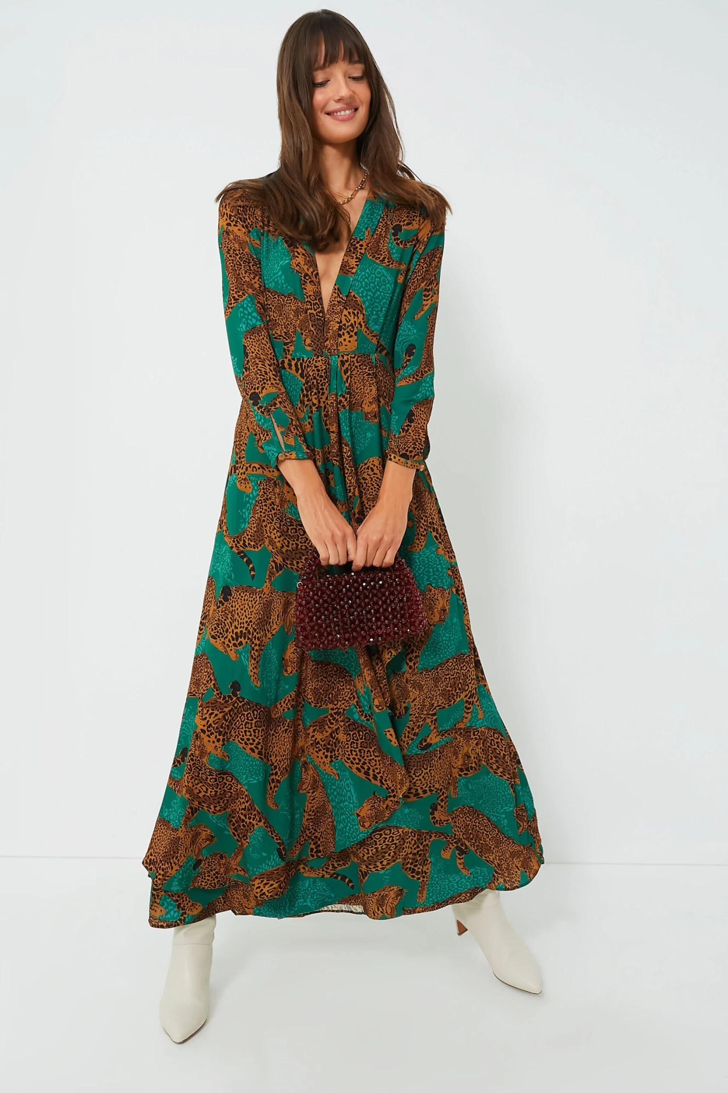 Farm Rio Artsy Leopards Green Long Sleeve V Neckline Maxi Dress - Image 2