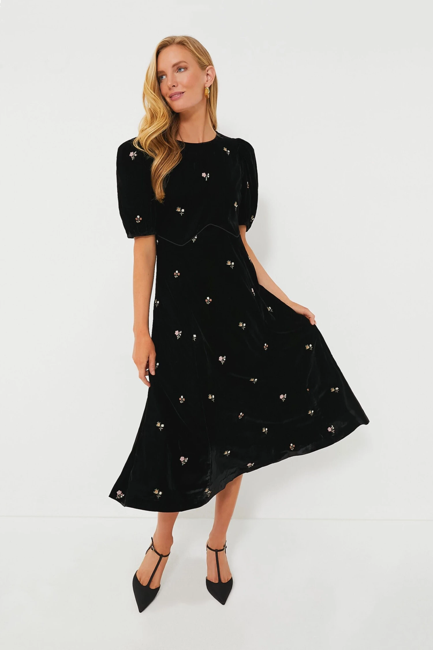 Black Rubina Embroidery Puff Sleeve Midi Dress
