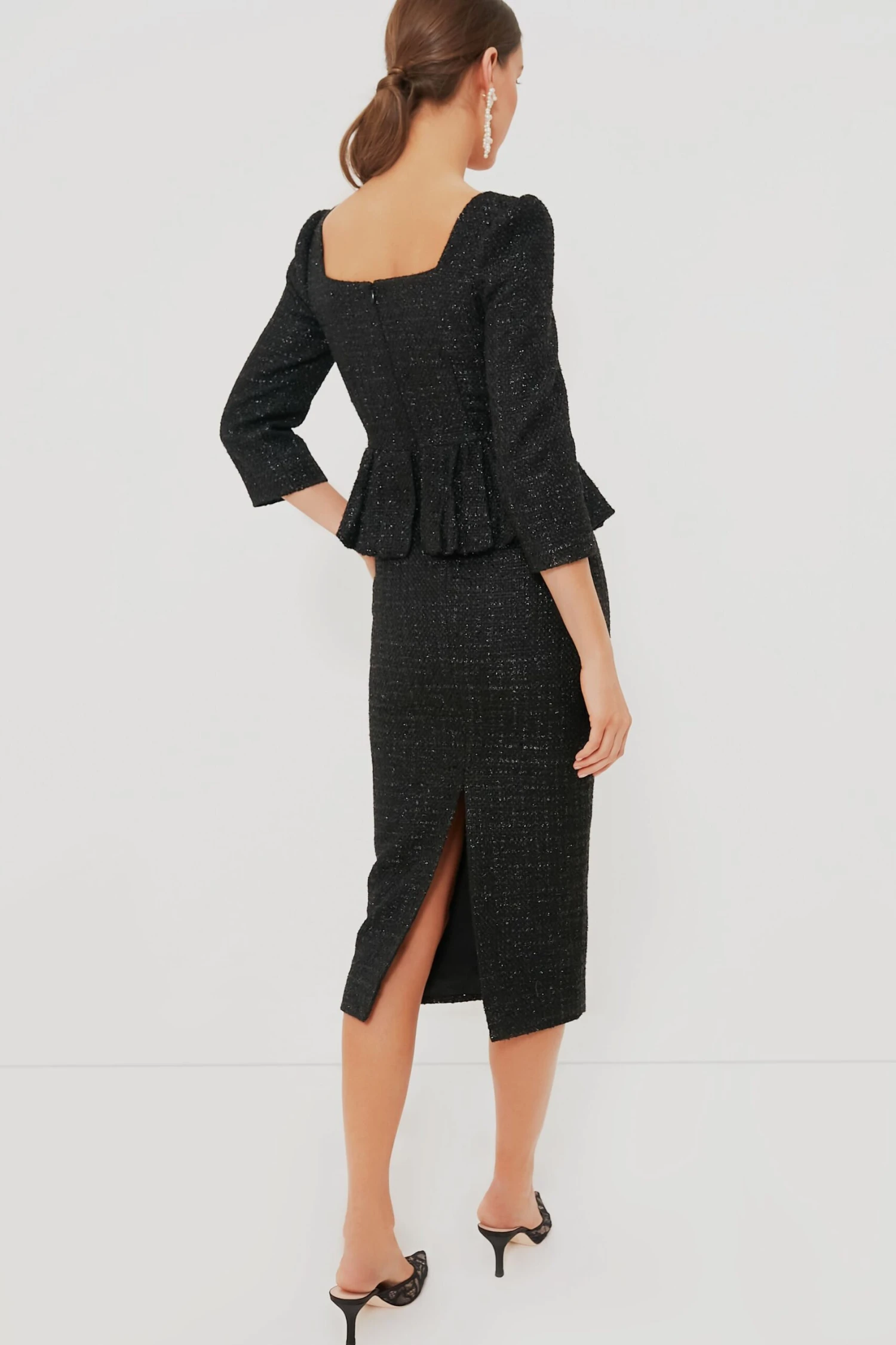 SELF PORTRAIT Black Boucle Peplum Midi Dress - Image 4