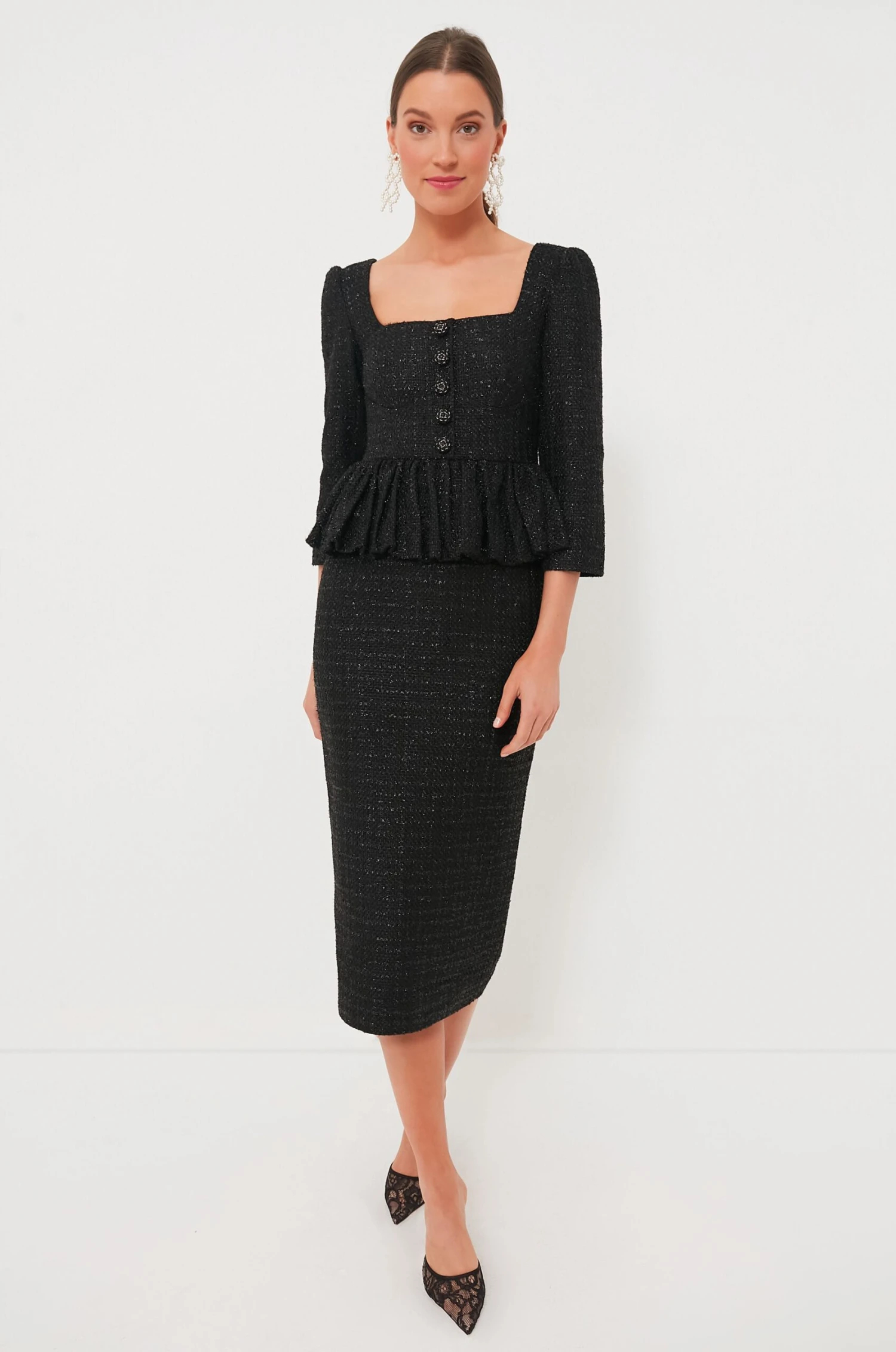SELF PORTRAIT Black Boucle Peplum Midi Dress - Image 2