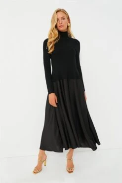 Black Fatima Long Sleeve Satin Combo Midi Dress