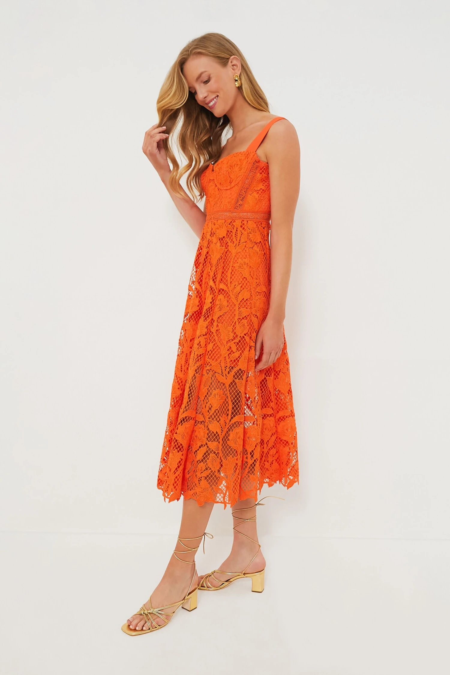 SELF PORTRAIT Orange Lace Midi Dress - Image 3