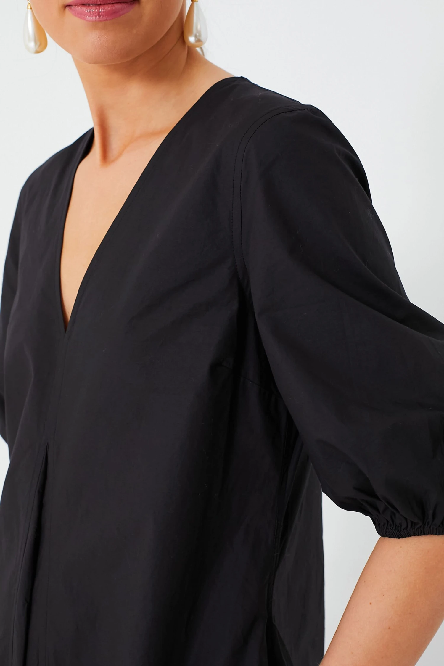 Ganni Black Cotton Poplin V-Neck Long Dress - Image 5