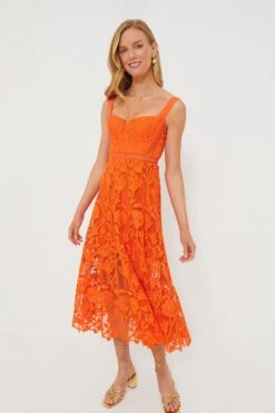 SELF PORTRAIT Orange Lace Midi Dress