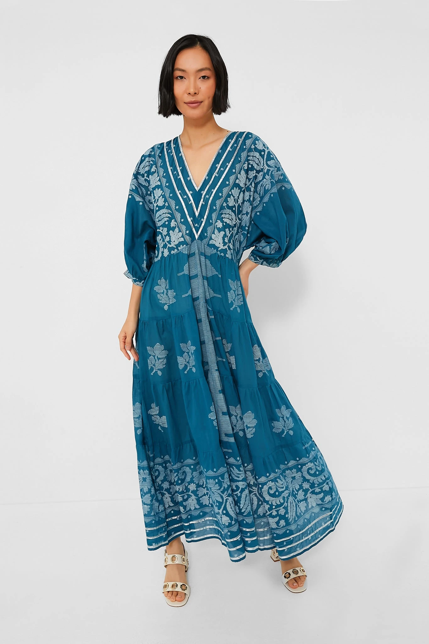Petrol And White V-Neck Loose Maxi Dress With Dhaka Print - Image 2