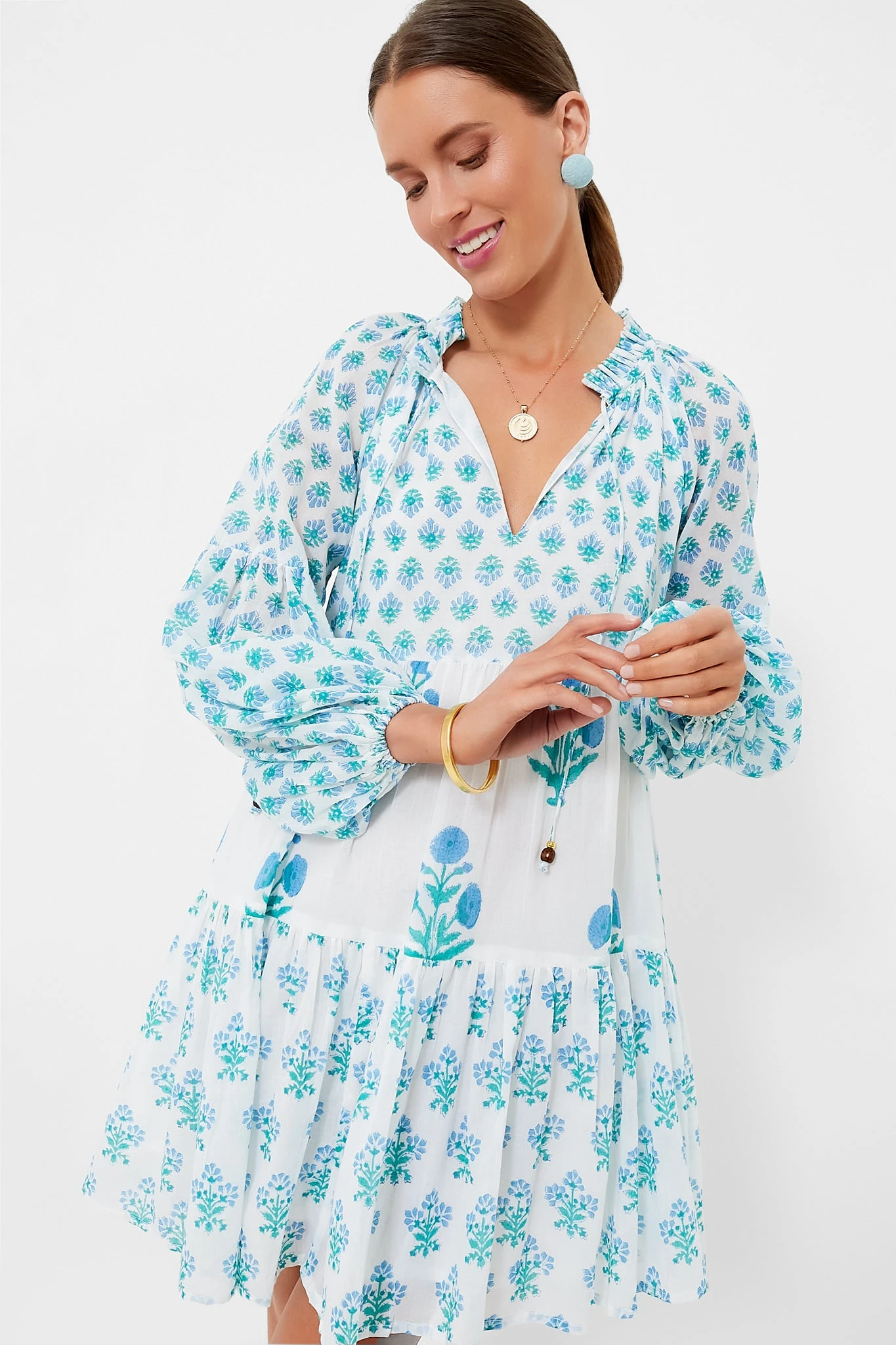 Exclusive Blue Floral Balloon Sleeve Short Mini Dress - Image 2