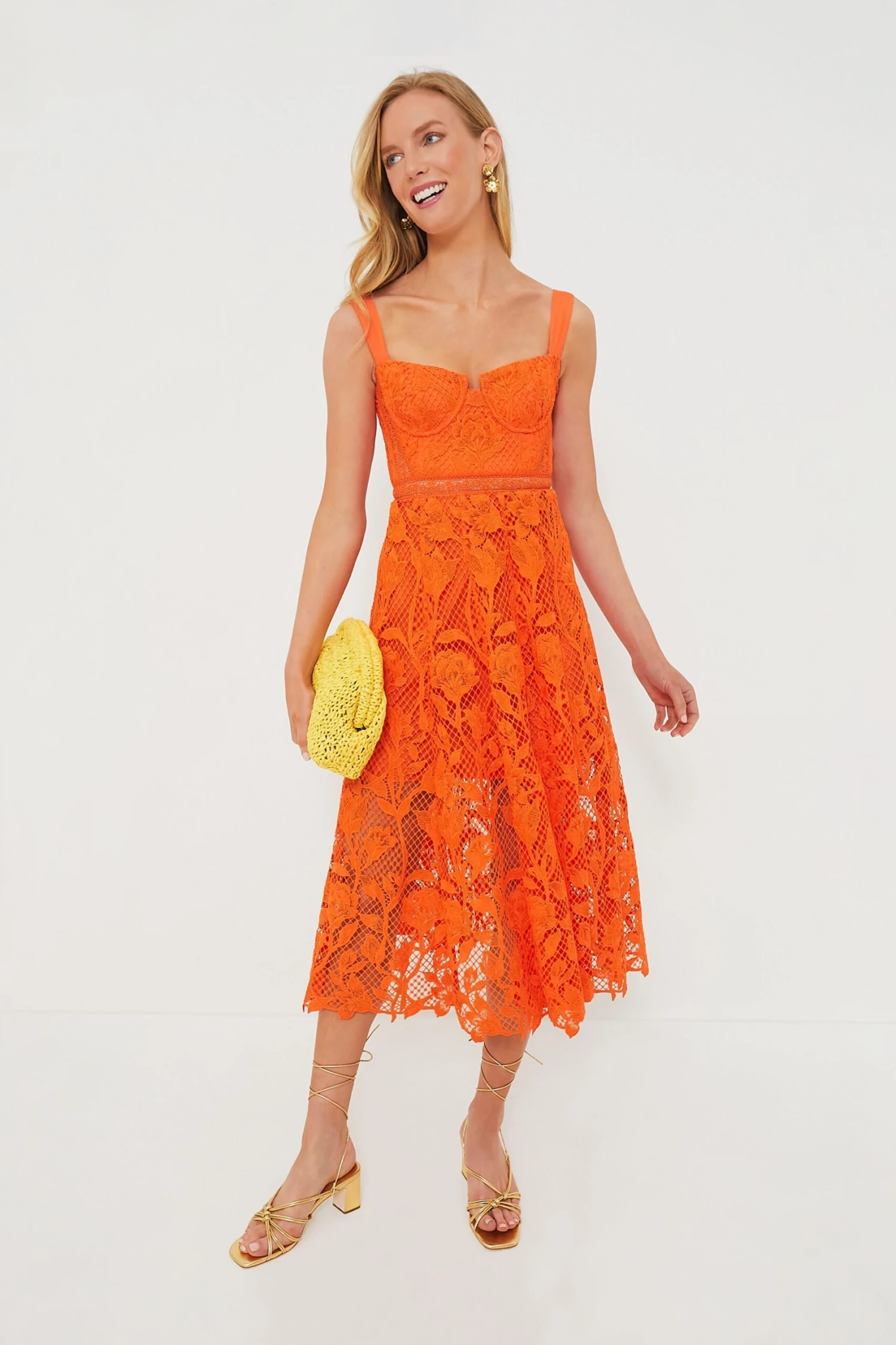 SELF PORTRAIT Orange Lace Midi Dress - Image 2
