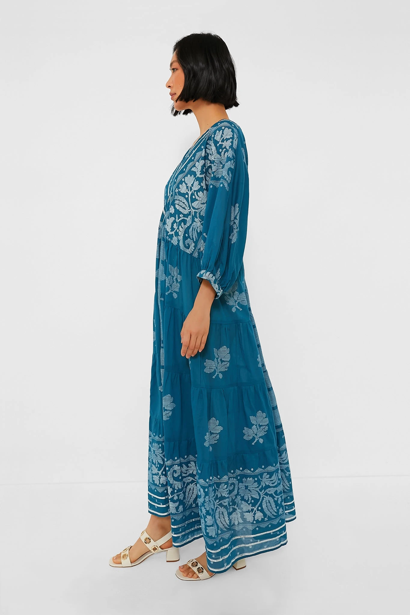 Petrol And White V-Neck Loose Maxi Dress With Dhaka Print - Image 3