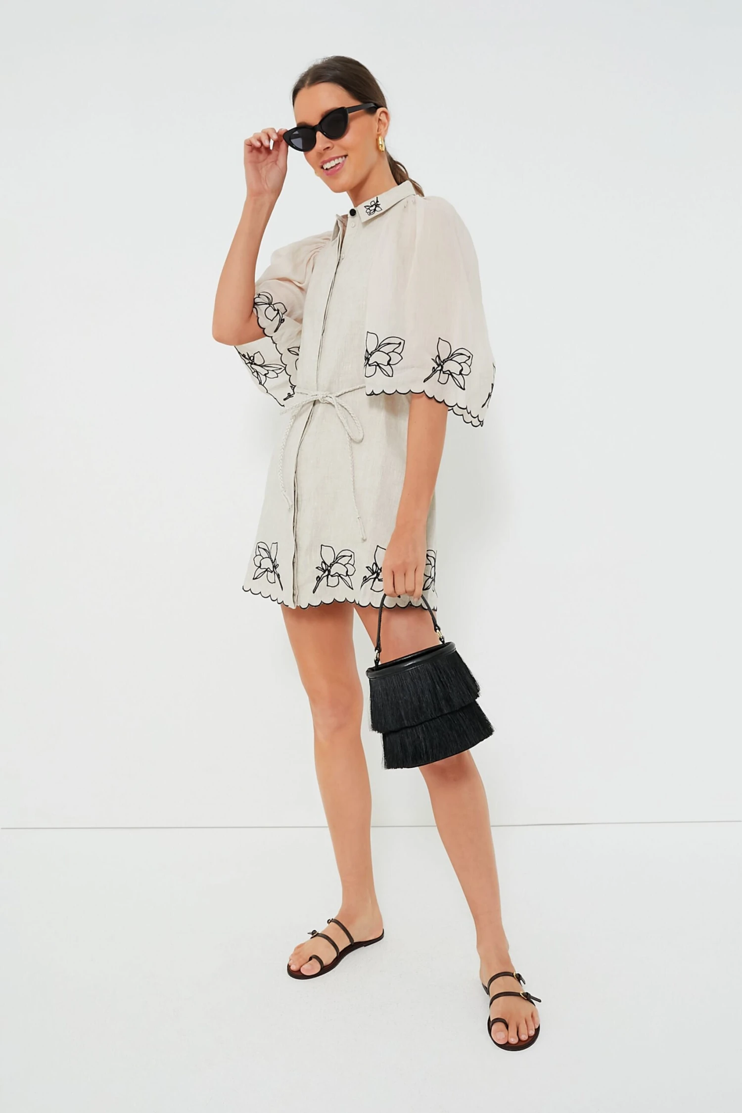 Flax Black Hattie Linen Embroidered Mini Smocked Shirt Dress - Image 2