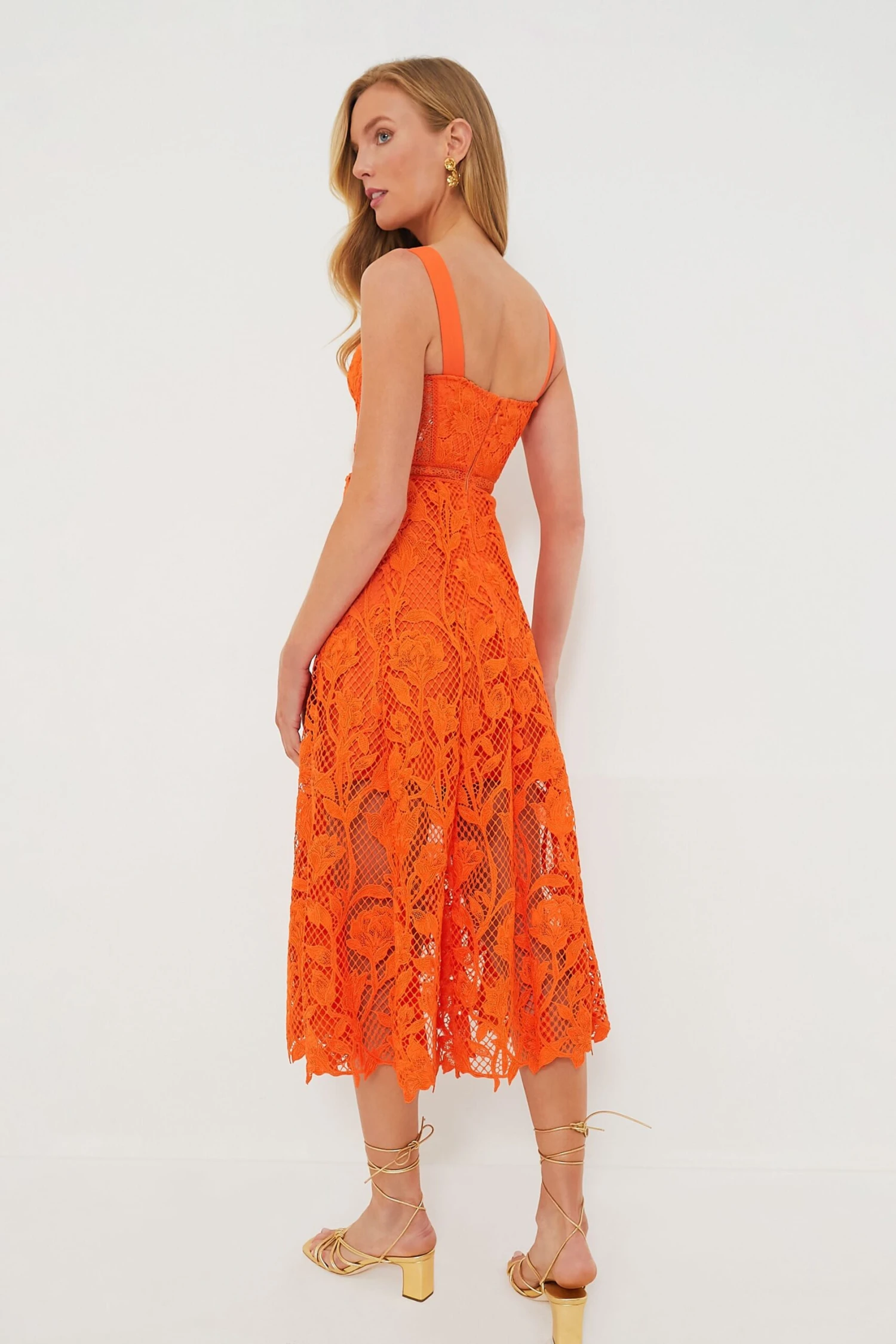 SELF PORTRAIT Orange Lace Midi Dress - Image 4