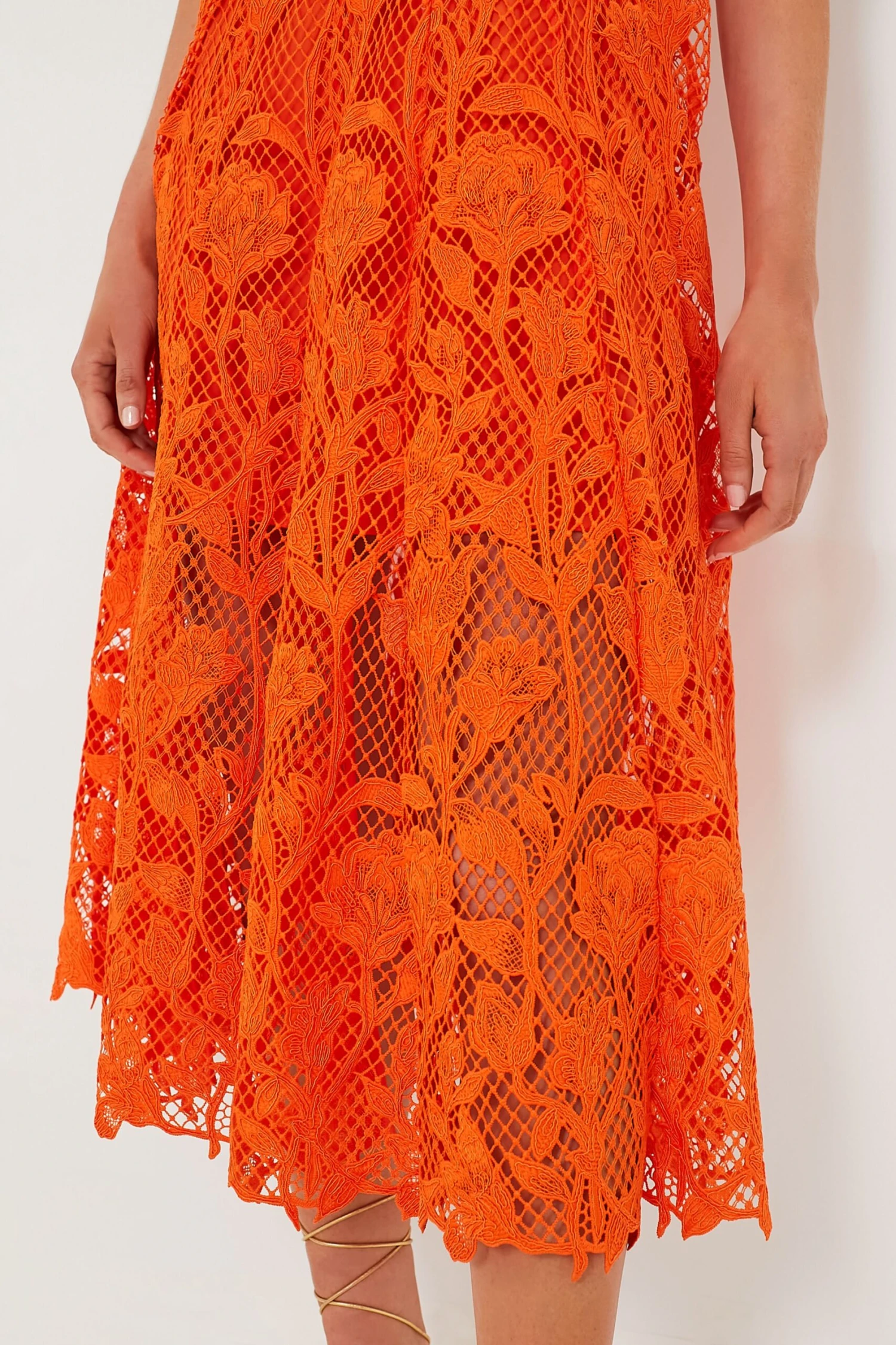 SELF PORTRAIT Orange Lace Midi Dress - Image 6