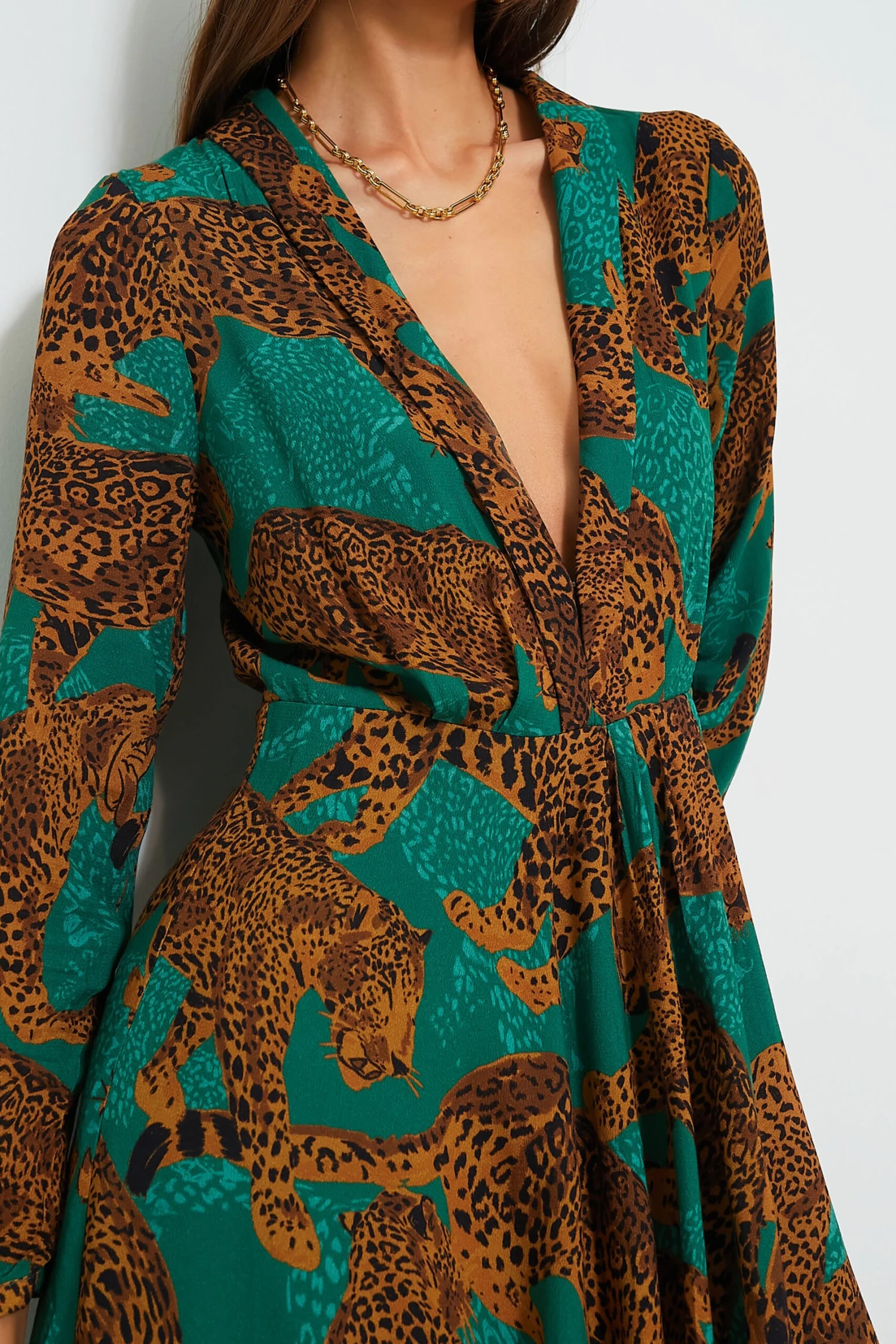 Farm Rio Artsy Leopards Green Long Sleeve V Neckline Maxi Dress - Image 5