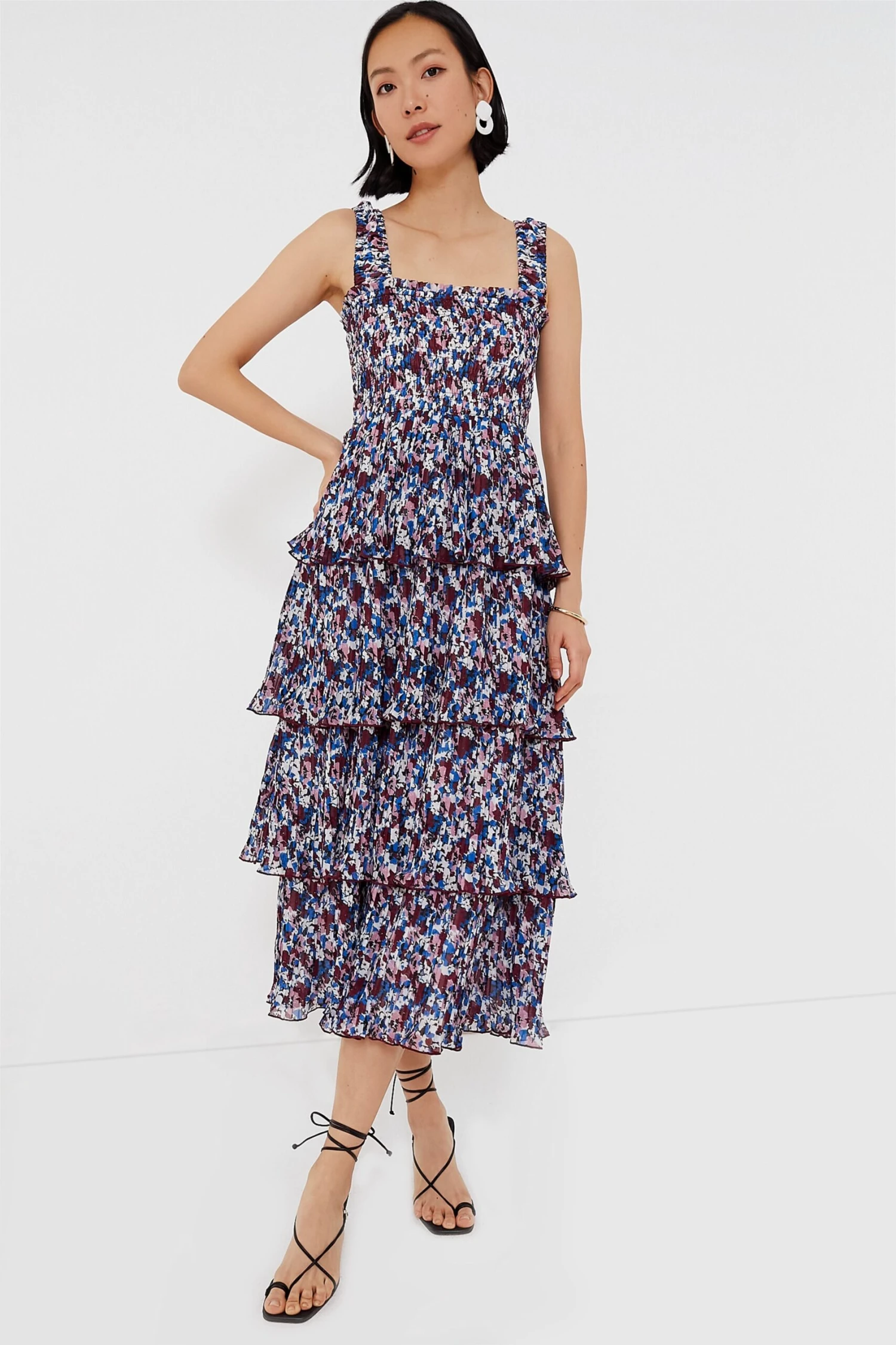 Ganni Multi Pleated Georgette Flounce Smock Midi Dress