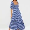 Blue Paisley Flower Satin Santiago Maxi Dress