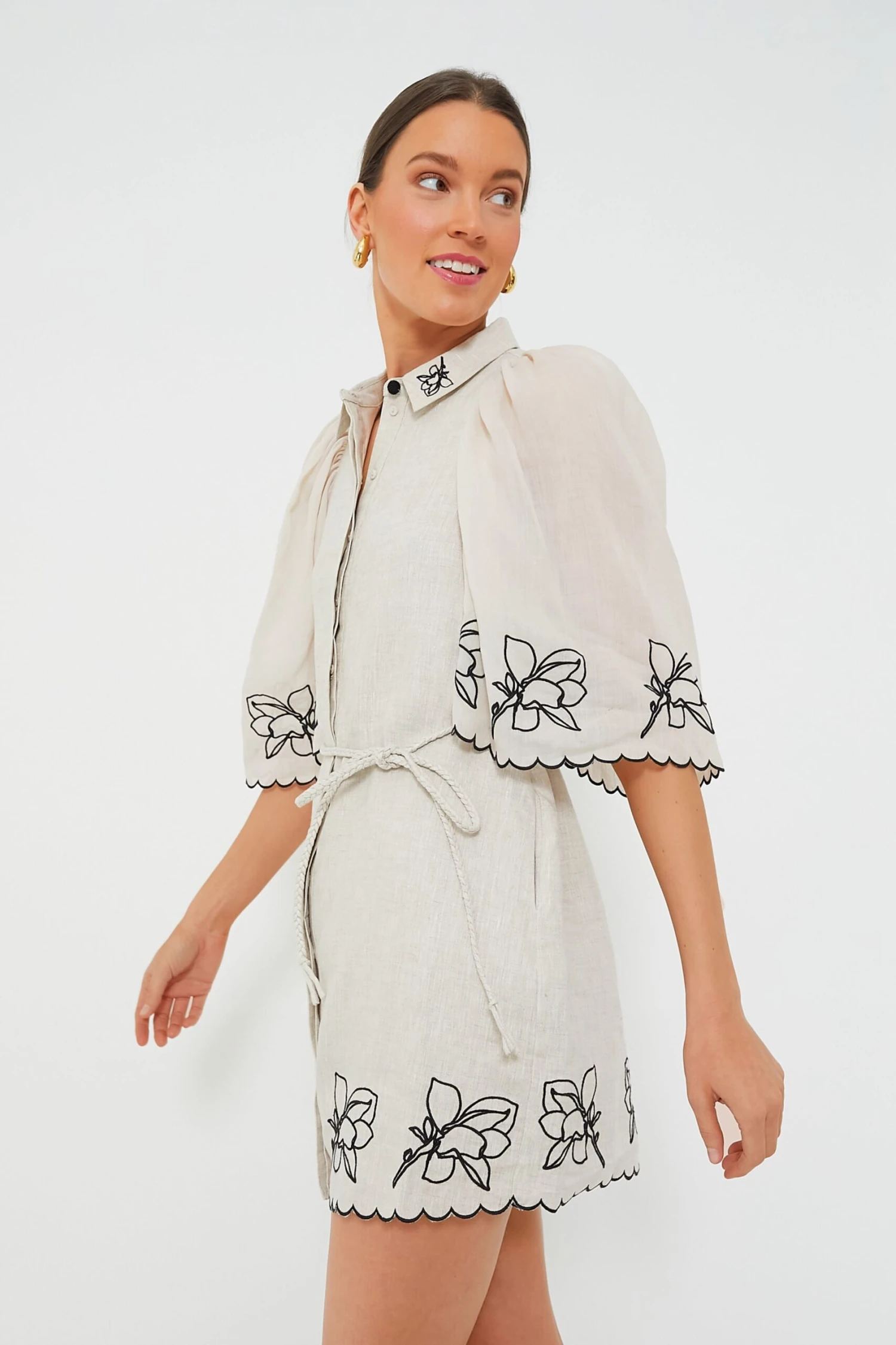 Flax Black Hattie Linen Embroidered Mini Smocked Shirt Dress - Image 3