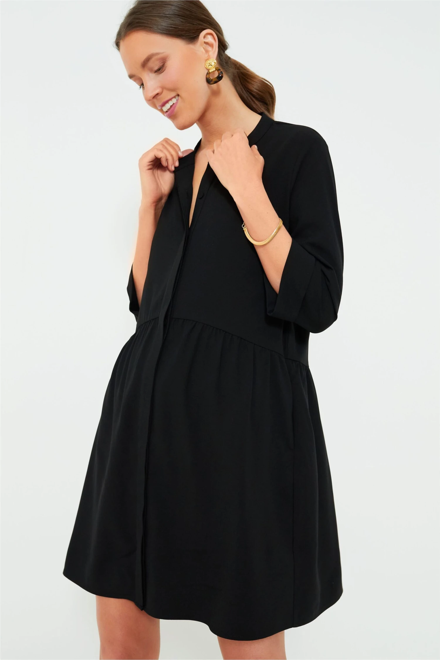 Black Stretch Crepe Royal Shirt Dress - Image 2