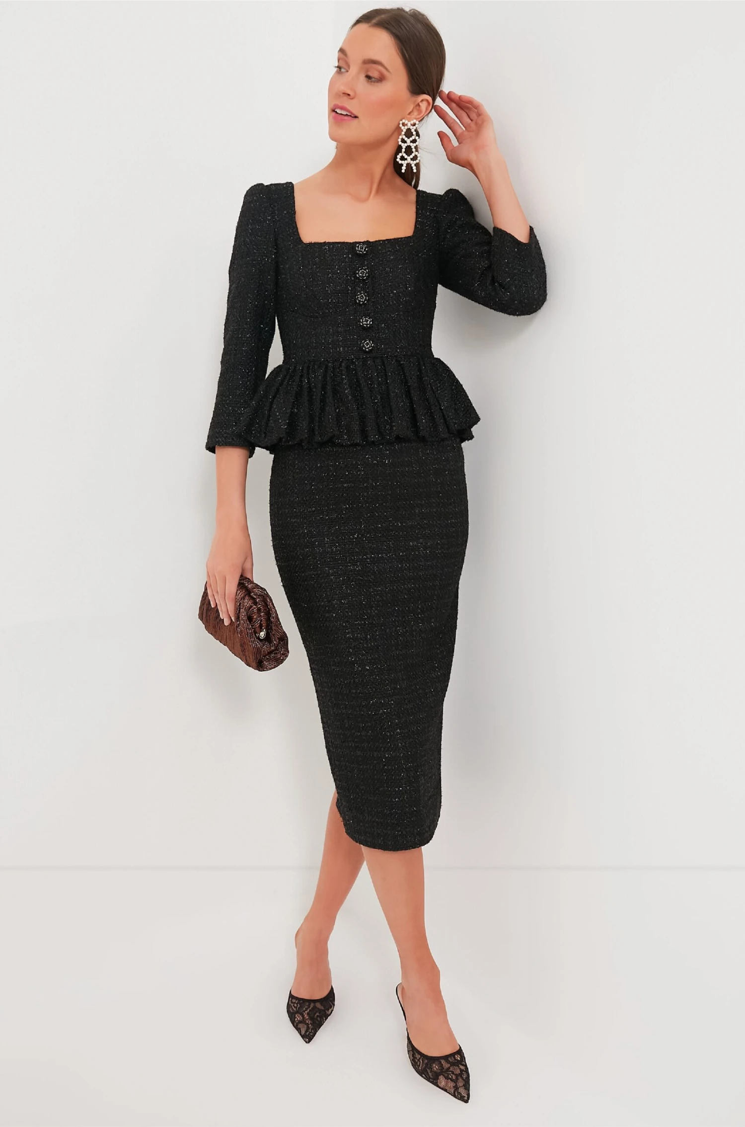 SELF PORTRAIT Black Boucle Peplum Midi Dress