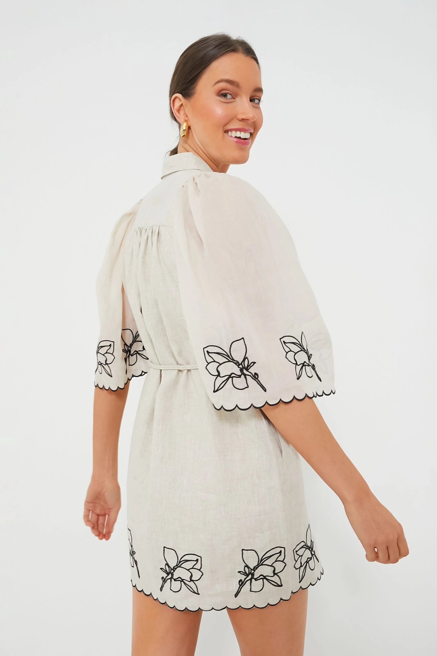 Flax Black Hattie Linen Embroidered Mini Smocked Shirt Dress - Image 4