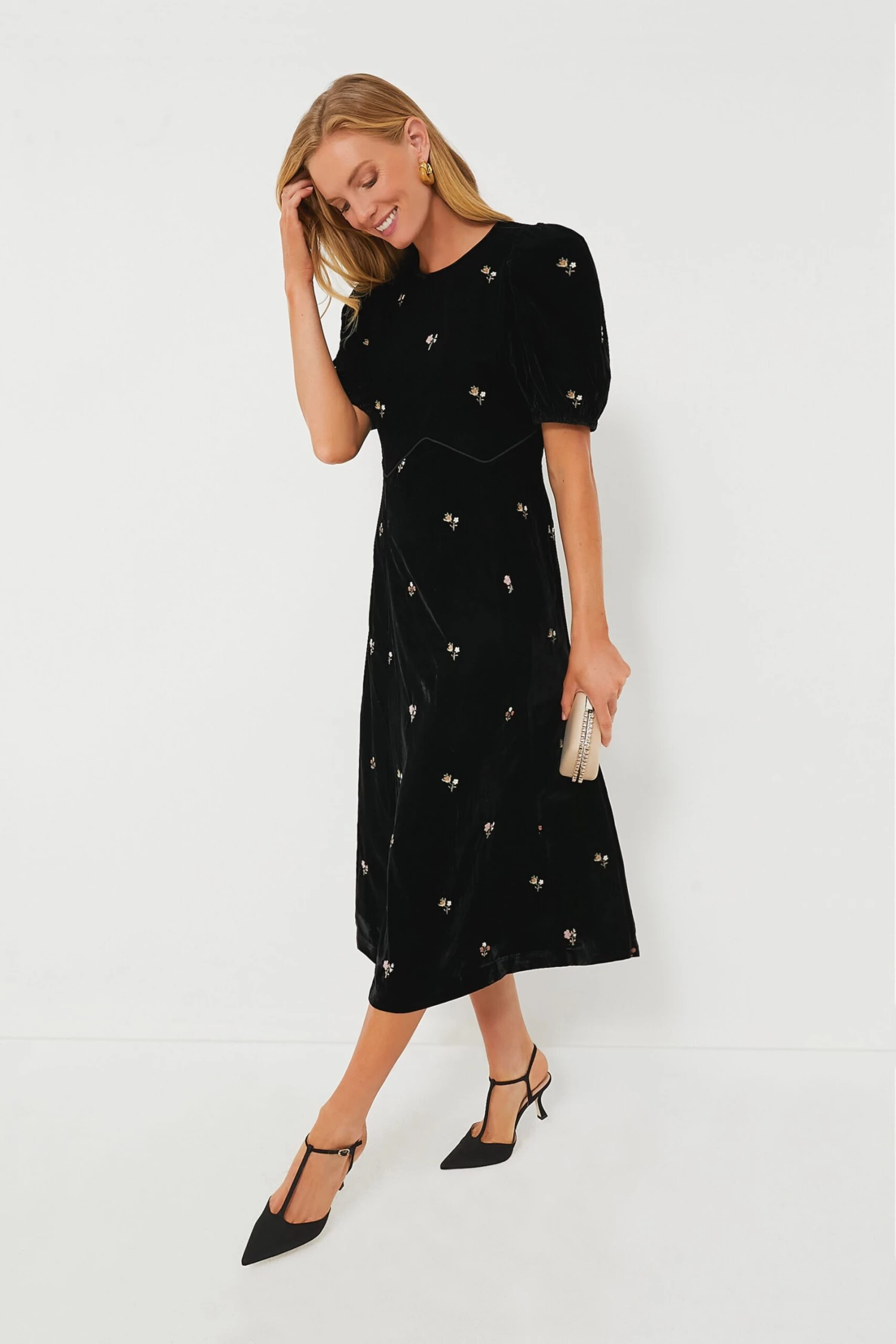 Black Rubina Embroidery Puff Sleeve Midi Dress - Image 2
