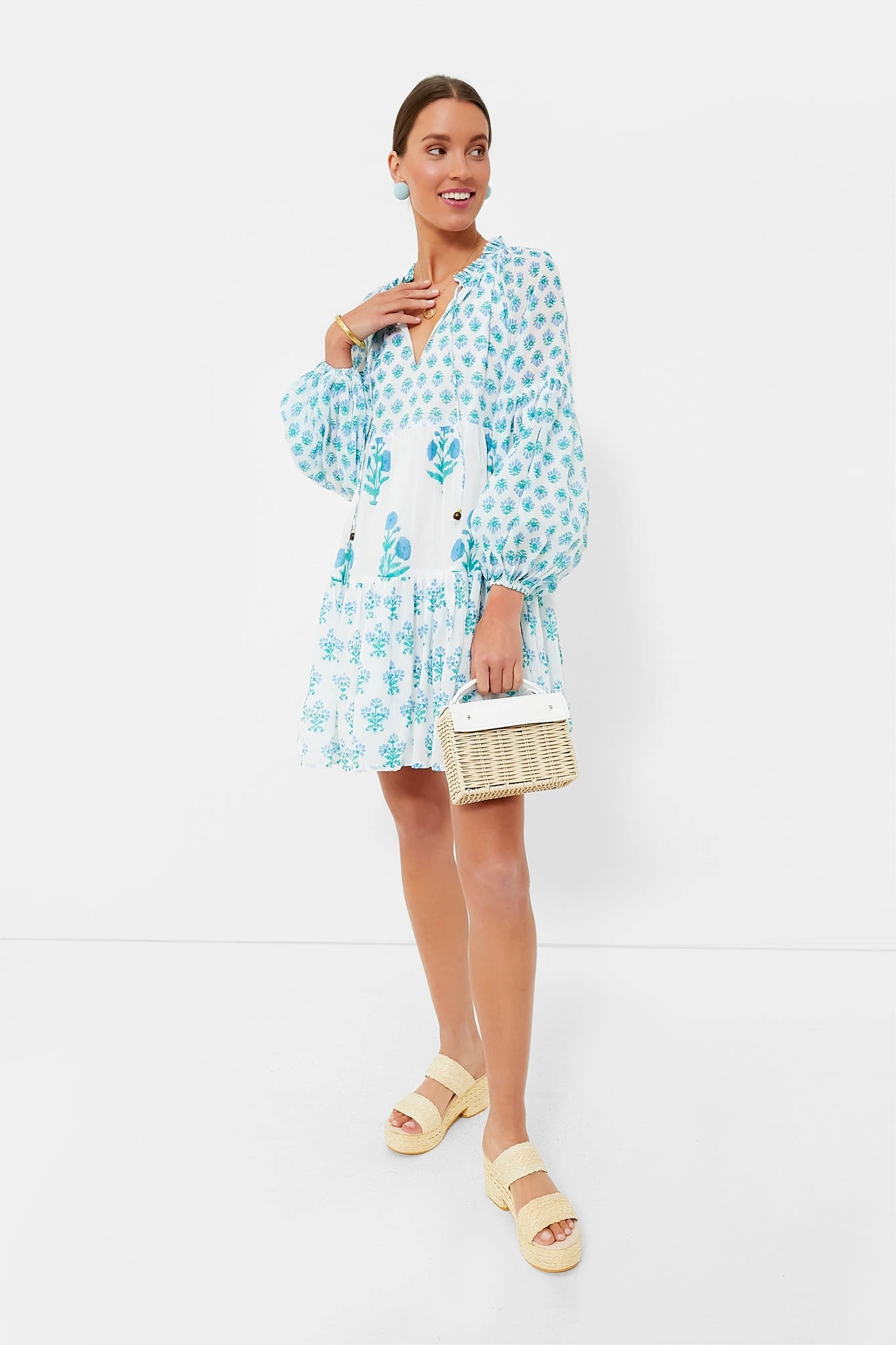 Exclusive Blue Floral Balloon Sleeve Short Mini Dress - Image 6