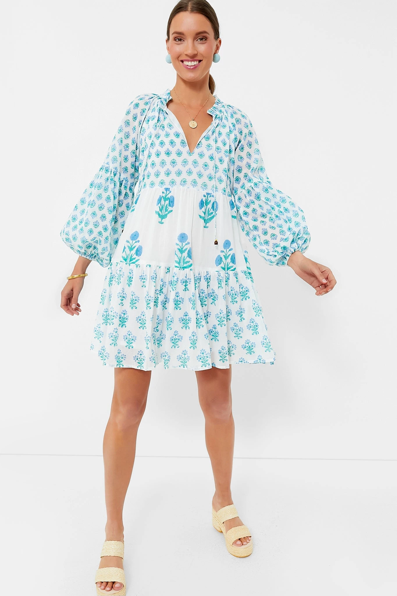 Exclusive Blue Floral Balloon Sleeve Short Mini Dress