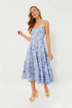 Staud Periwinkle Sketchbook Floral Midi Wells Dress