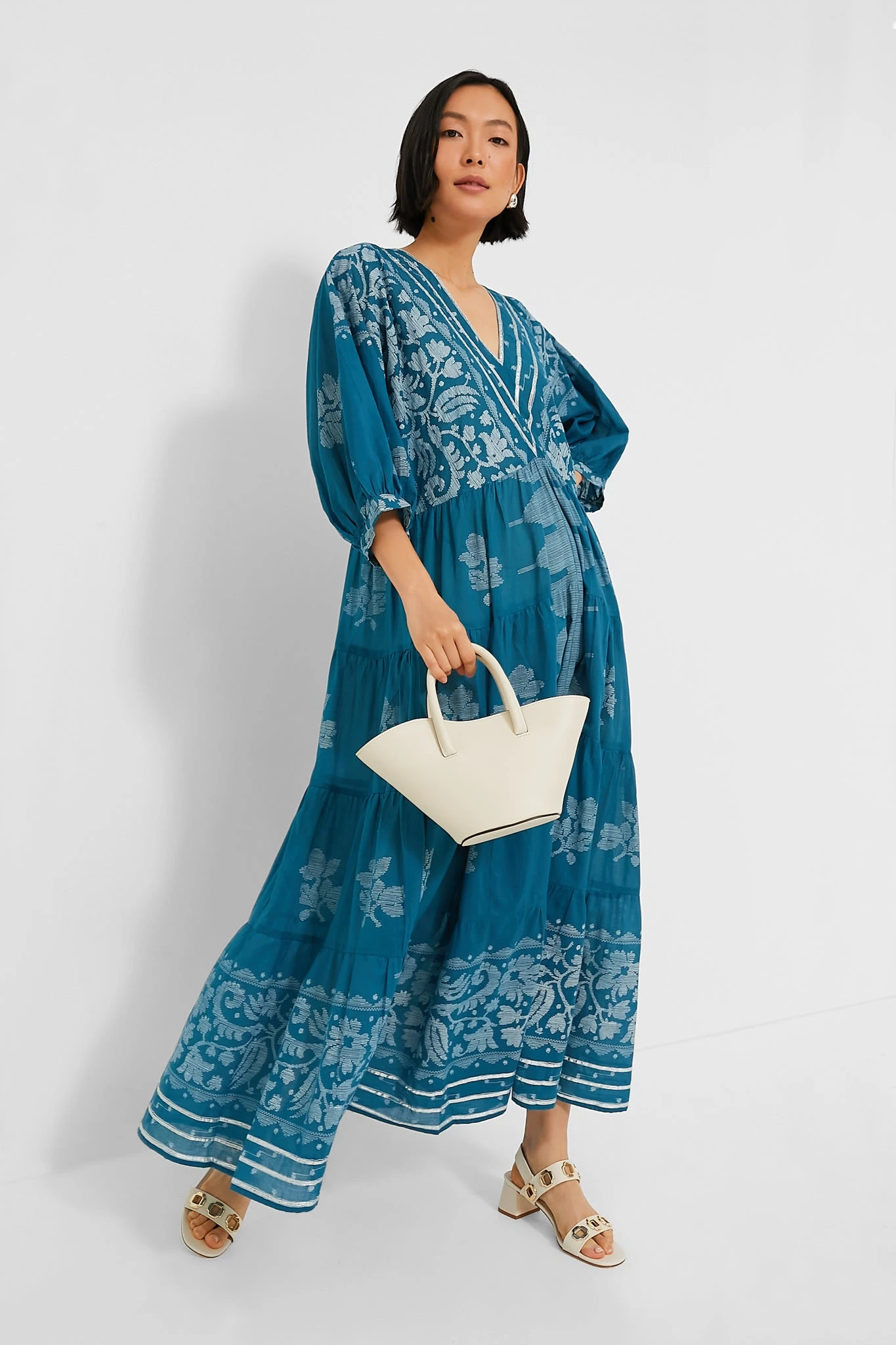 Petrol And White V-Neck Loose Maxi Dress With Dhaka Print