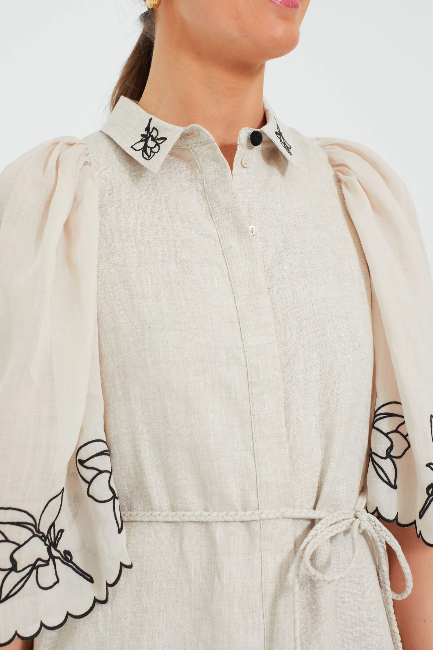 Flax Black Hattie Linen Embroidered Mini Smocked Shirt Dress - Image 5