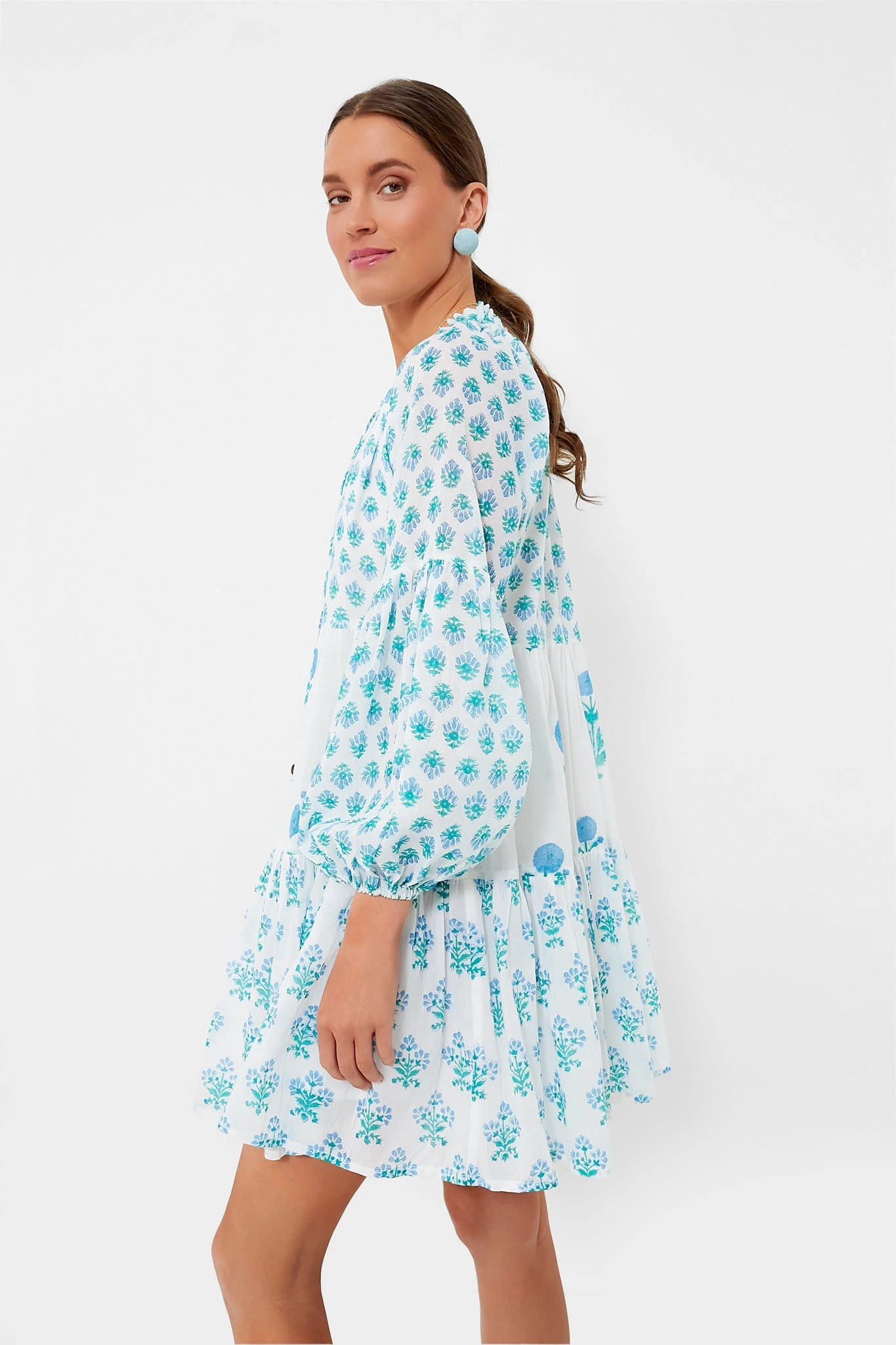 Exclusive Blue Floral Balloon Sleeve Short Mini Dress - Image 3