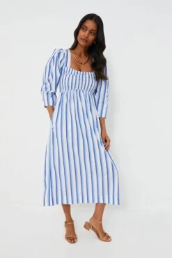 Ganni Silver Lake Blue Stripe Cotton Open-neck Smock Long Dress