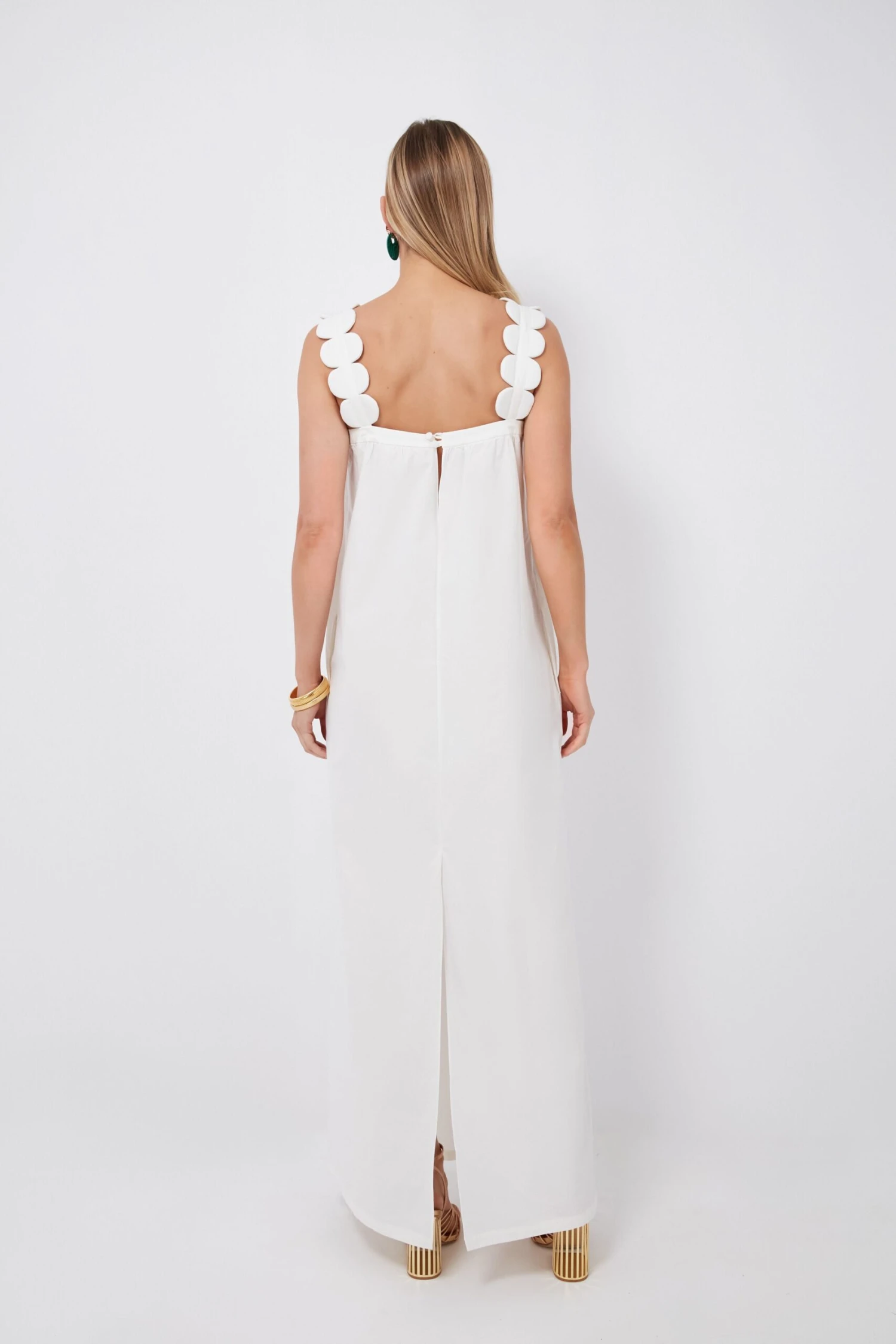 Off White Bubble Long Dress With Straps - Image 5