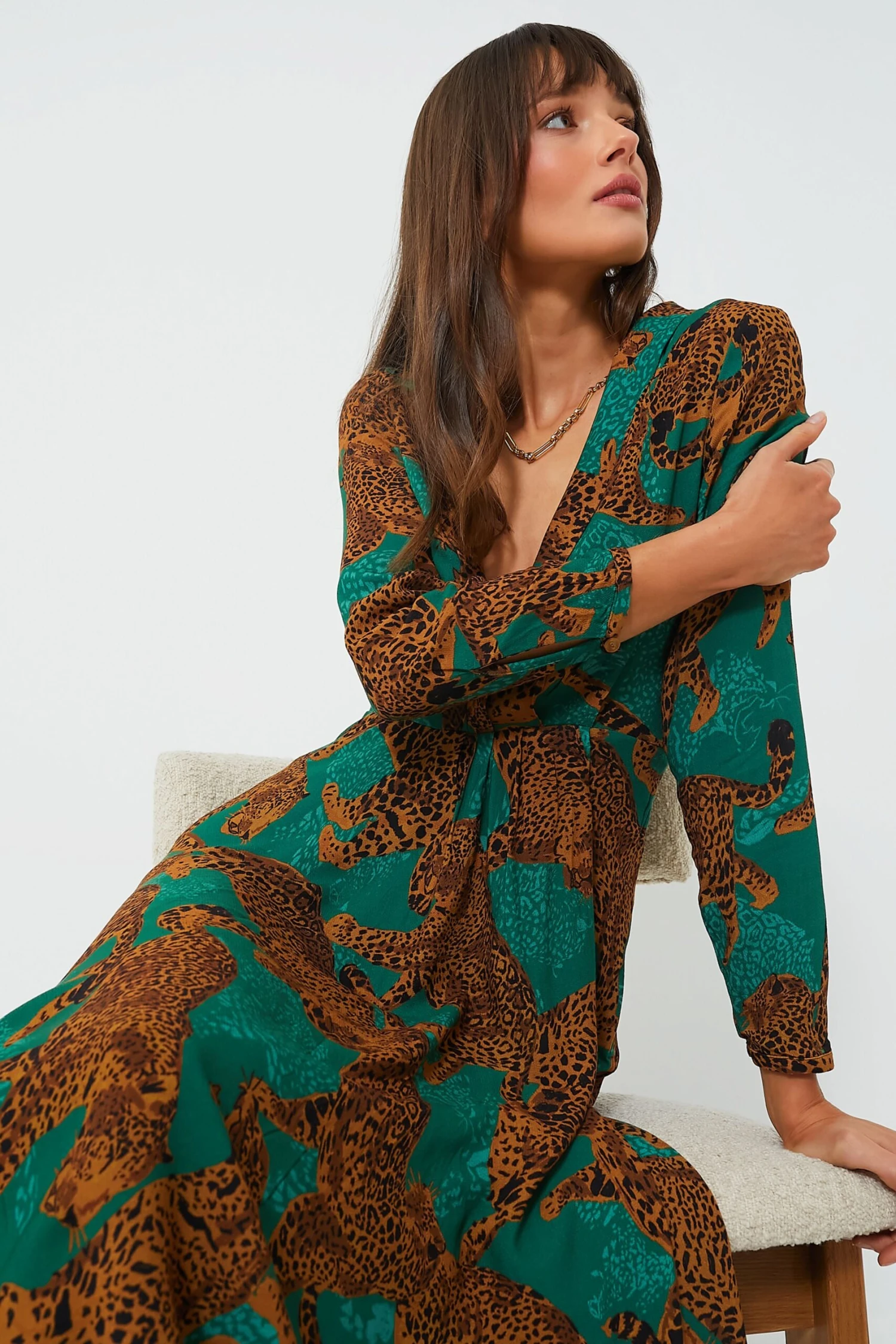 Farm Rio Artsy Leopards Green Long Sleeve V Neckline Maxi Dress - Image 6