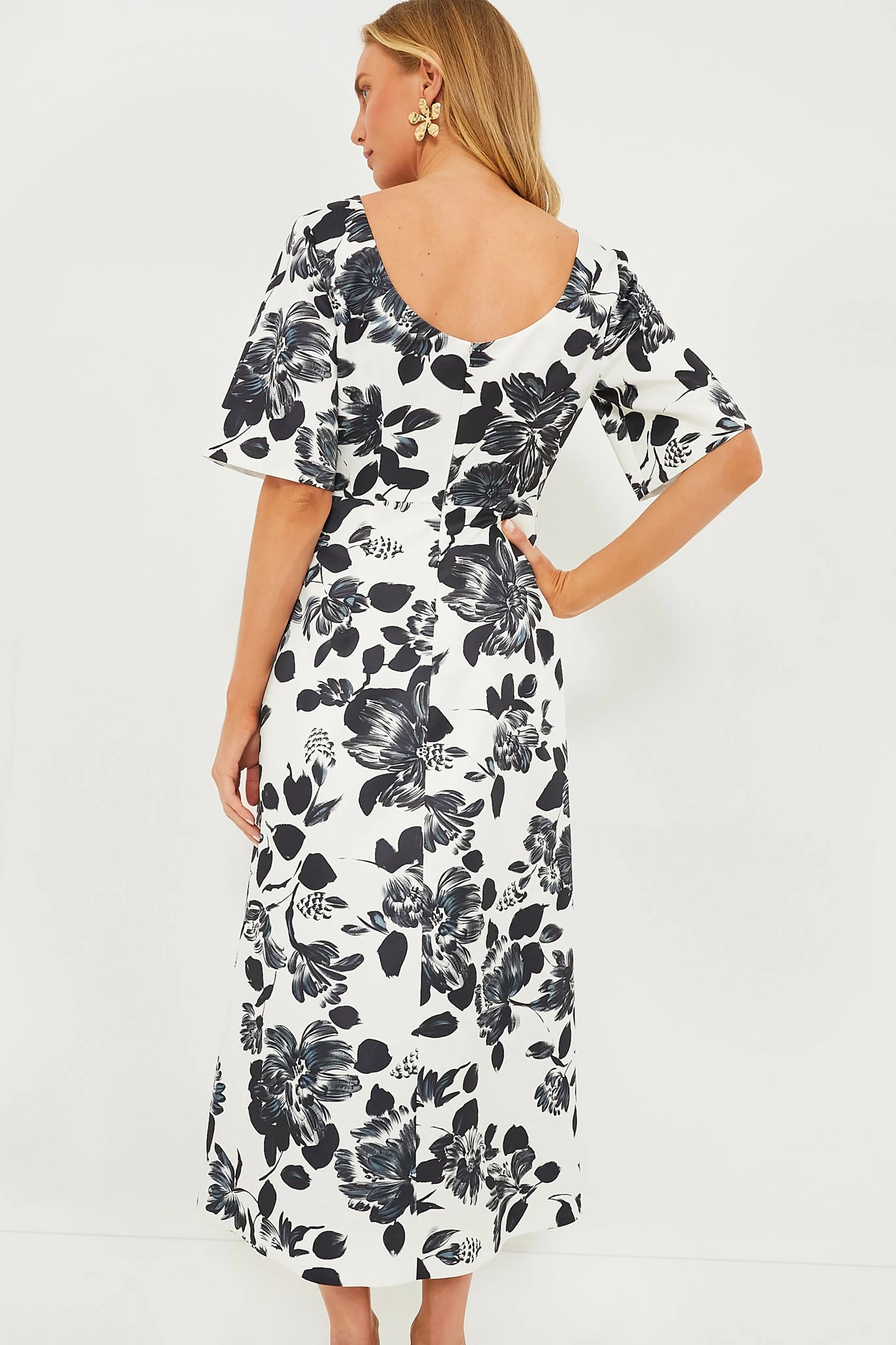 Black Flowers On Ivory Kora Rounded Twill Dress - Image 4