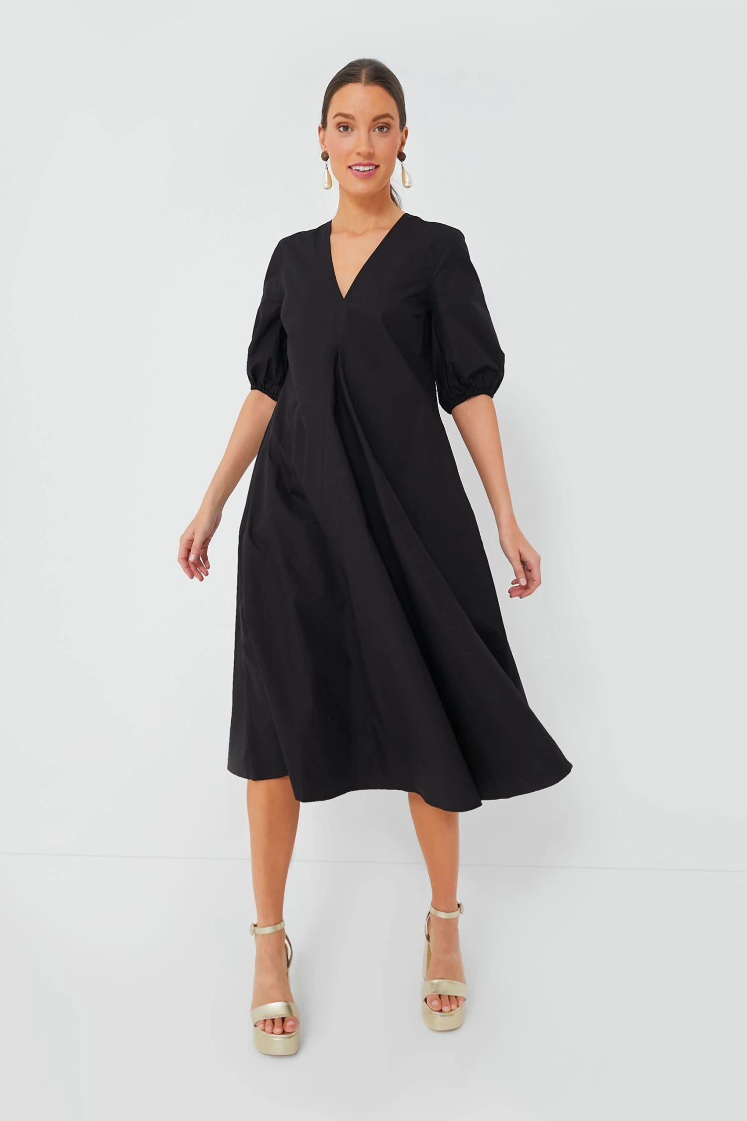 Ganni Black Cotton Poplin V-Neck Long Dress - Image 6