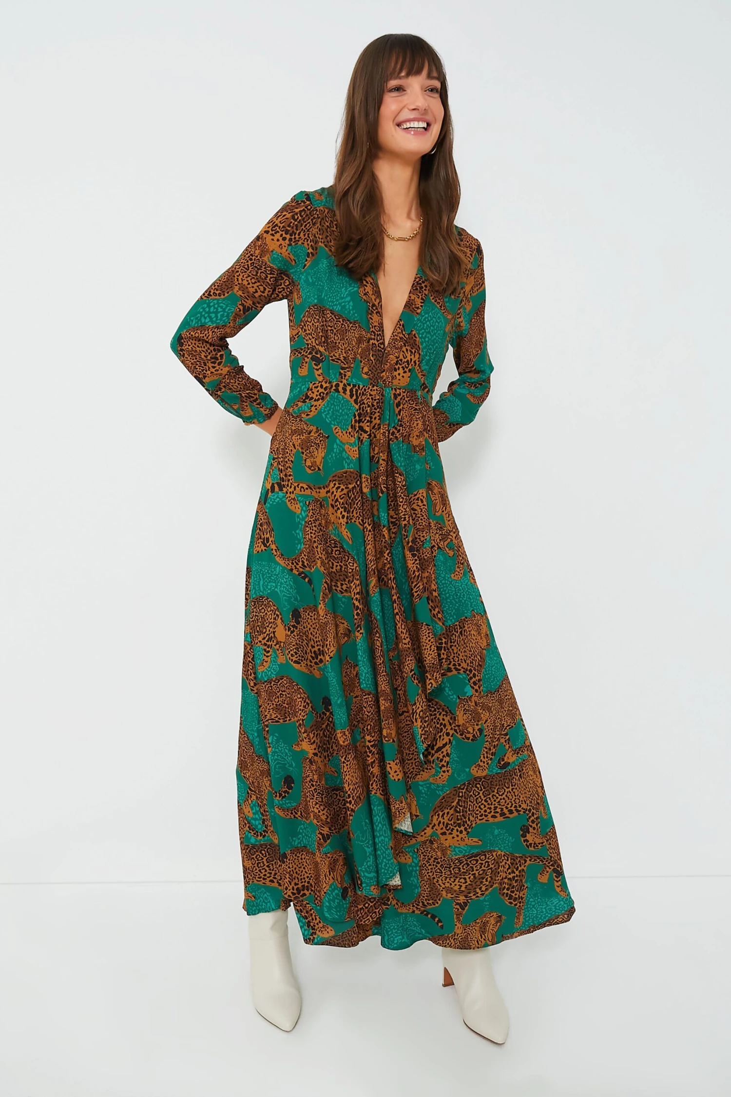 Farm Rio Artsy Leopards Green Long Sleeve V Neckline Maxi Dress