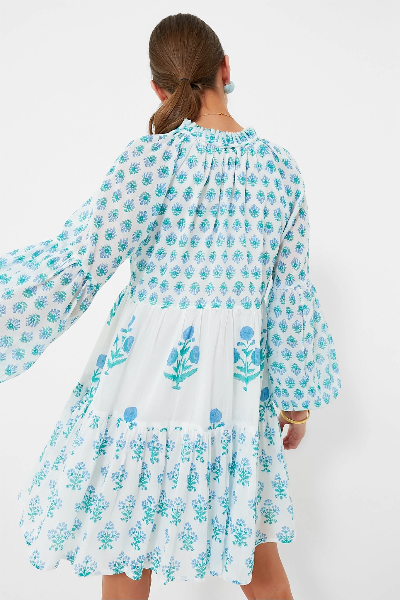 Exclusive Blue Floral Balloon Sleeve Short Mini Dress - Image 4