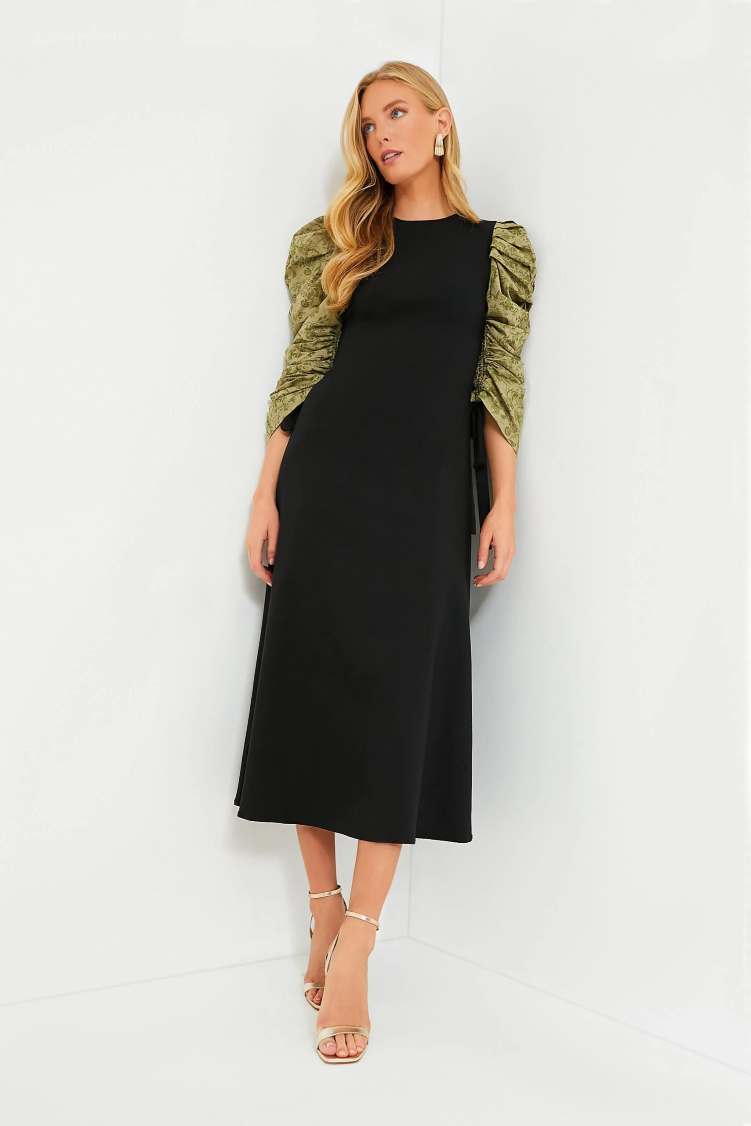 Black Juliet Maxi Dress With Green Printed Sleeves