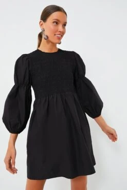 Ganni Black Cotton Poplin Mini Smock Dress